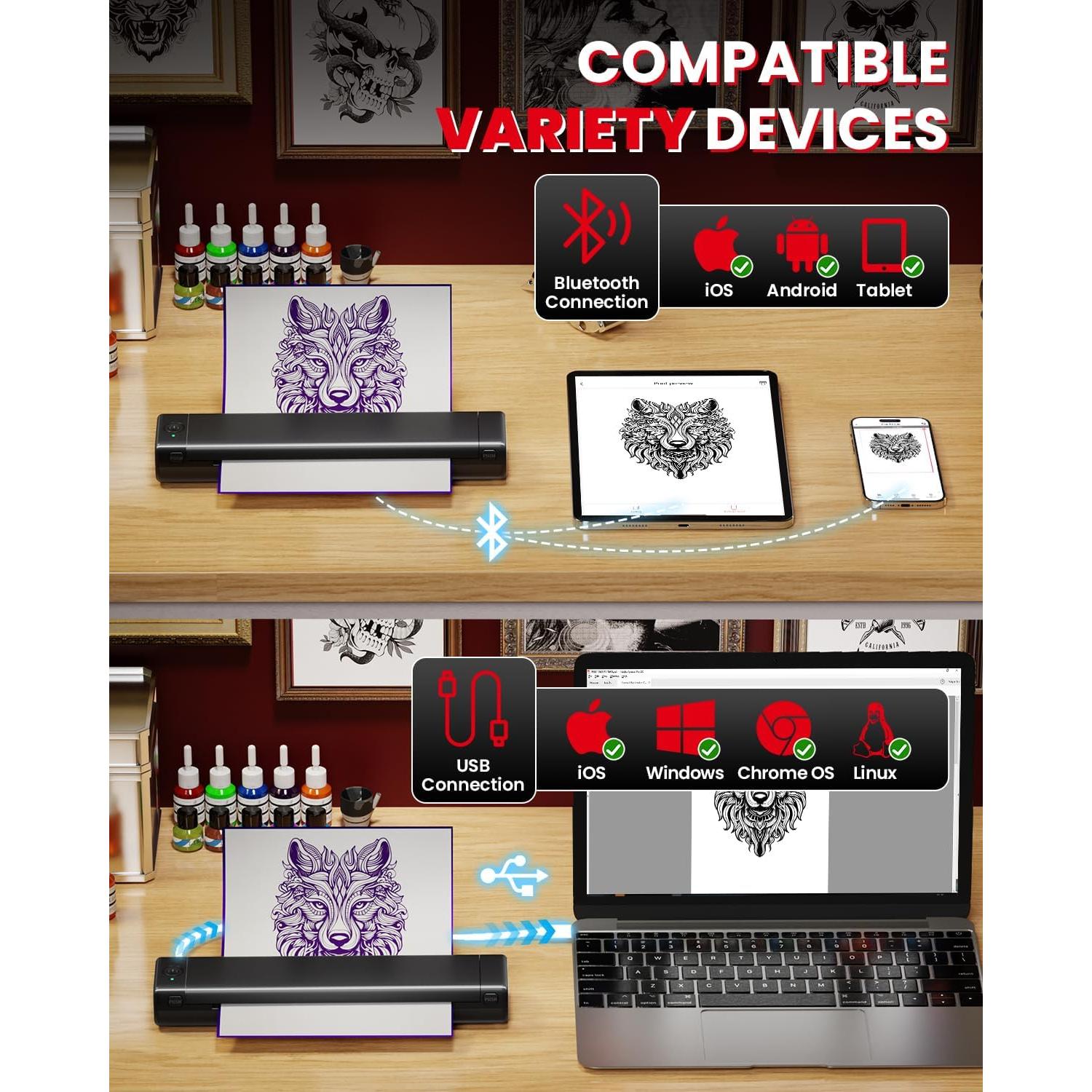 Impresora Portátil Inalámbrica de Tatuajes COLORWING M08F - Negro