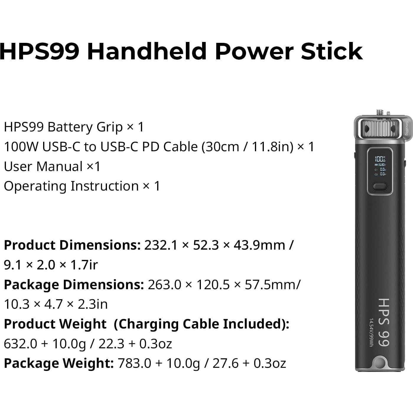 Empuñadura de Batería SMALLRIG 99Wh 6800mAh Carga Rápida USB-C