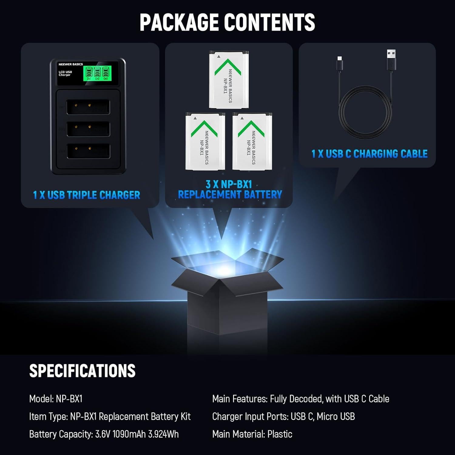 Baterías de Reemplazo NEEWER NP-BX1 con Cargador Triple USB