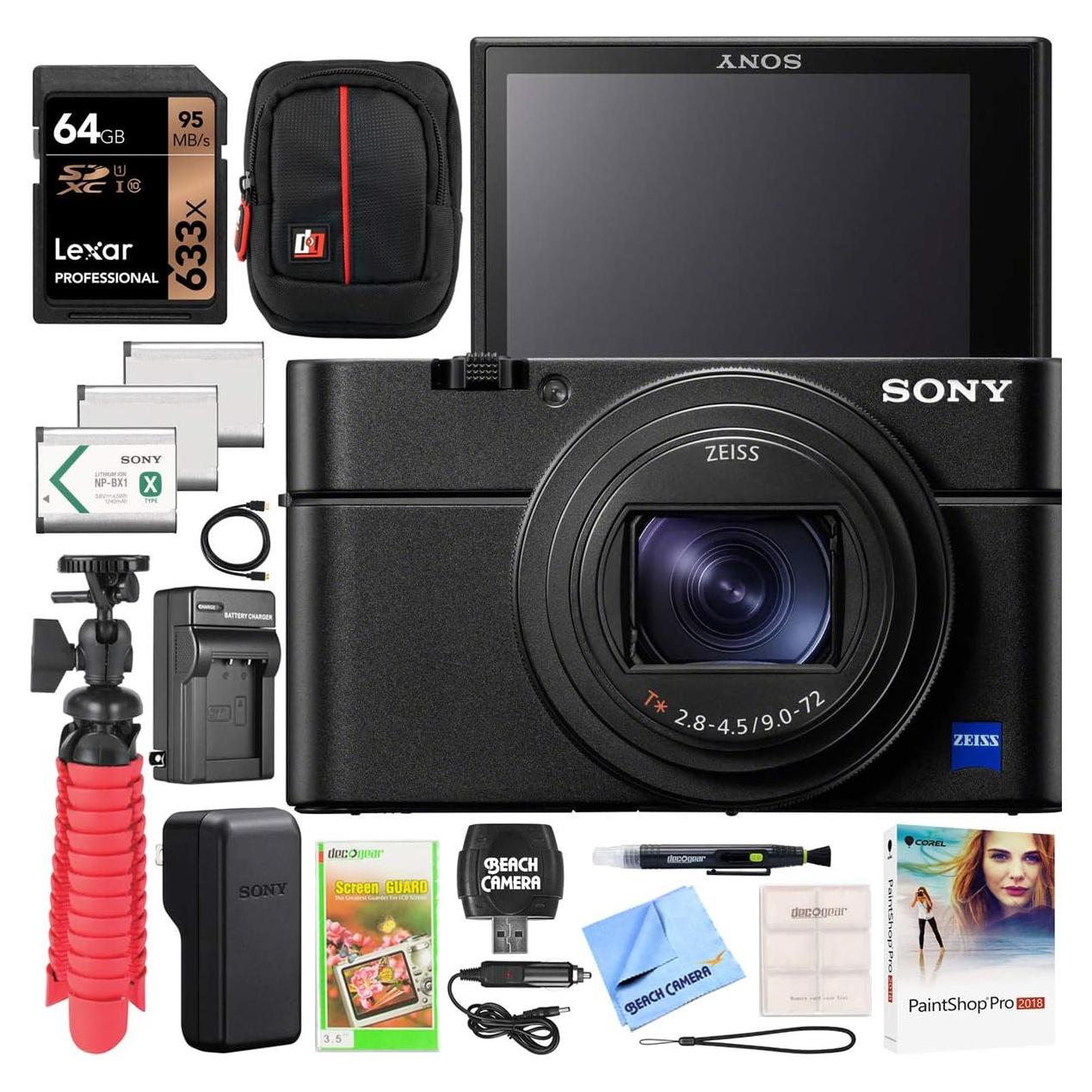 Cyber-Shot RX100 VII RX100M7 Premium Compact Camera DSC-RX100M7 Enhanced Bundle with Triple 3X Battery Pack + 64GB Memory Card + Deco Gear Travel Case Accessory Kit & Photo Video Software