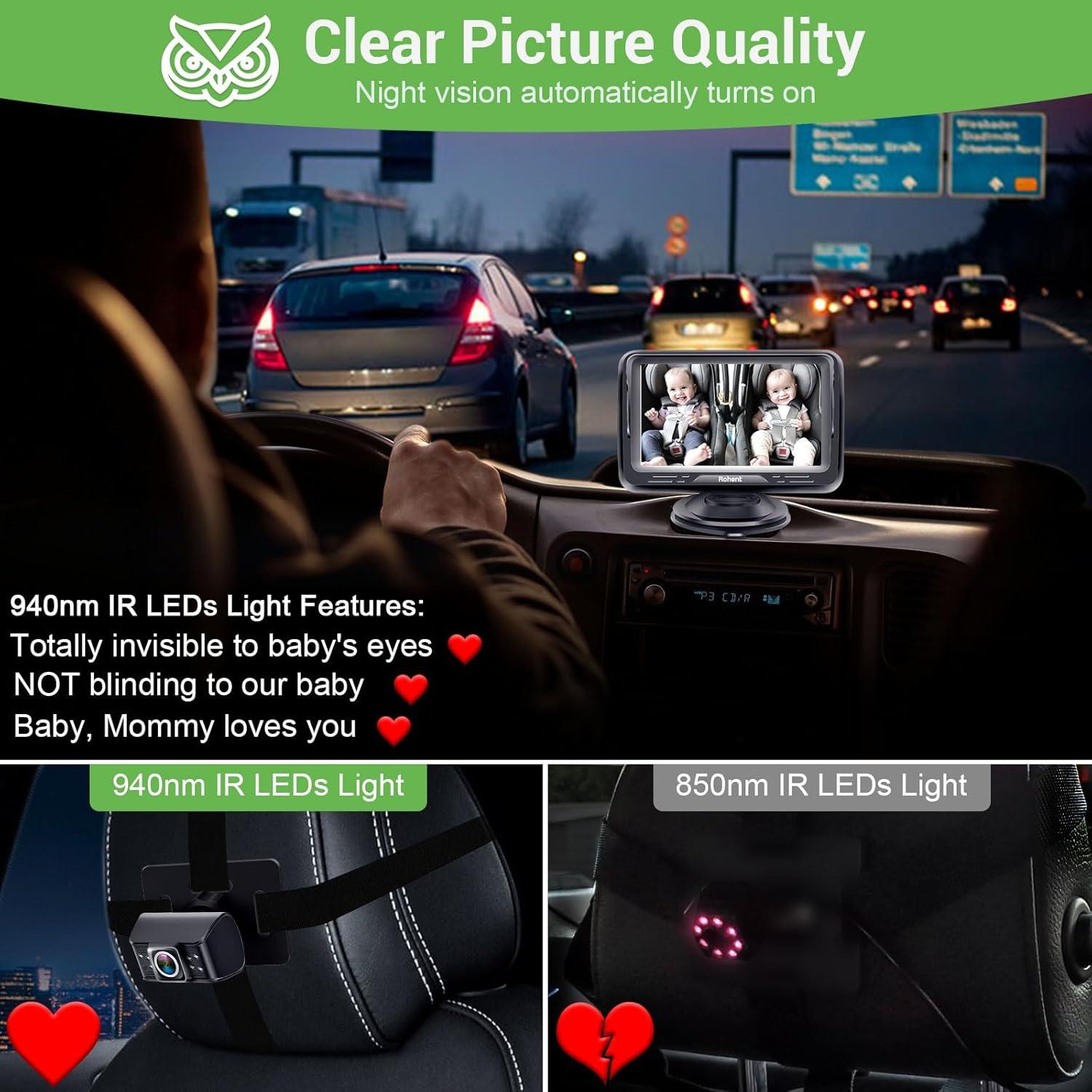 Cámara para coche de bebé Rohent HD 1080P con visión nocturna
