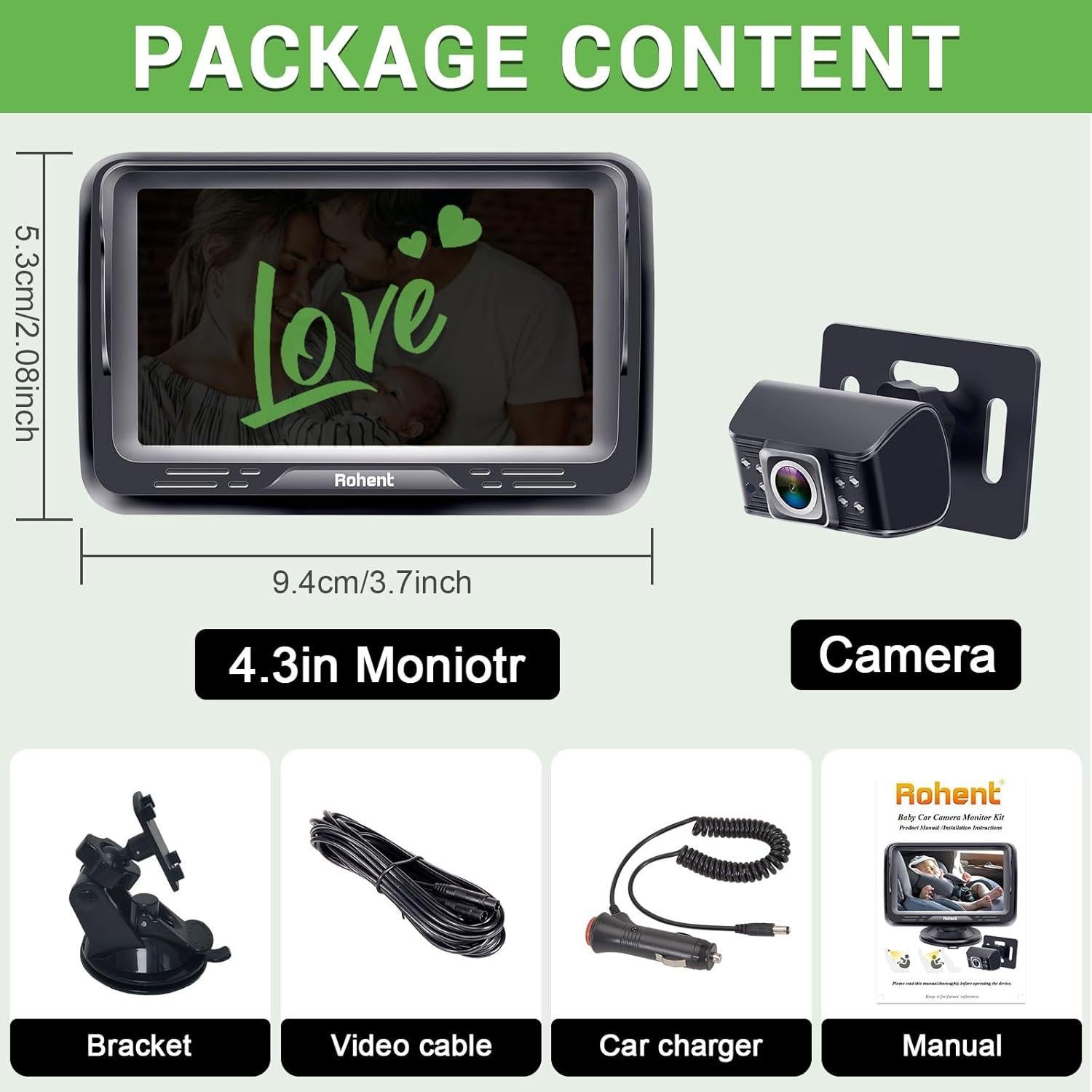Cámara para coche de bebé Rohent HD 1080P con visión nocturna