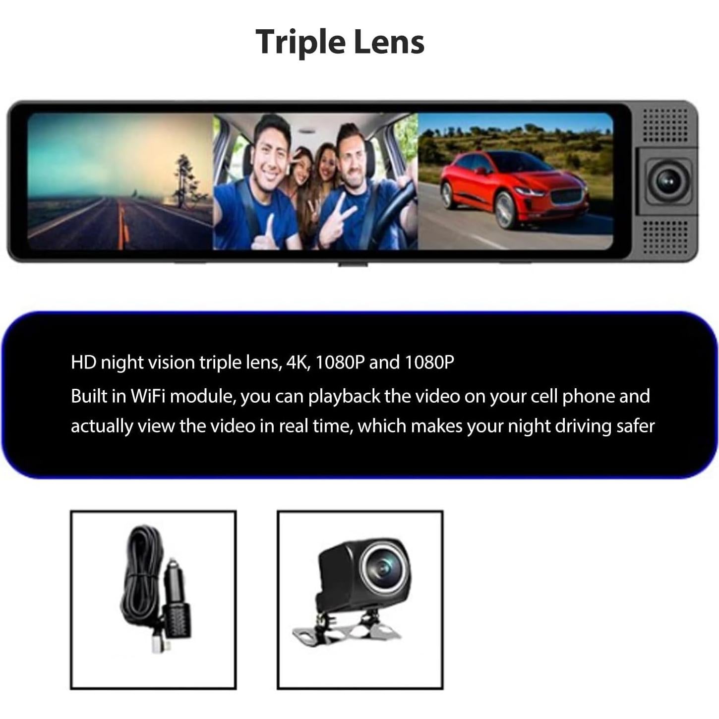 Cámara de Espejo Retrovisor 4K Zopsc con 3 Lentes y 180°