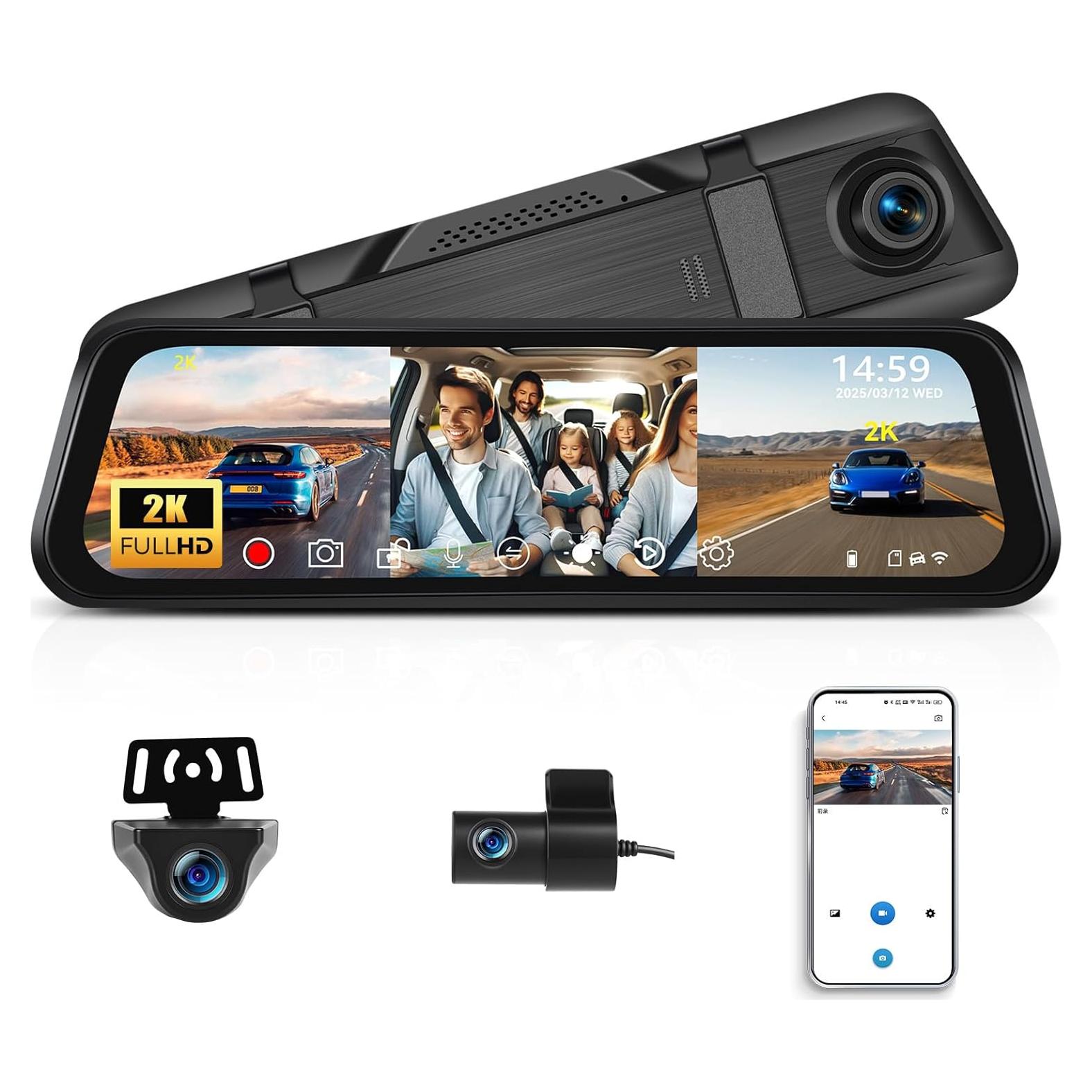 Cámara de tablero espejo 2K AMprime con 3 canales y G-Sensor