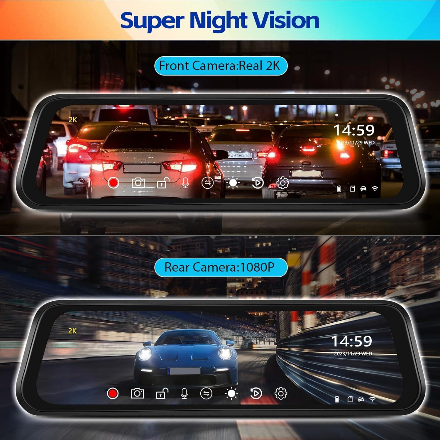 Cámara de tablero espejo 2K AMprime con 3 canales y G-Sensor
