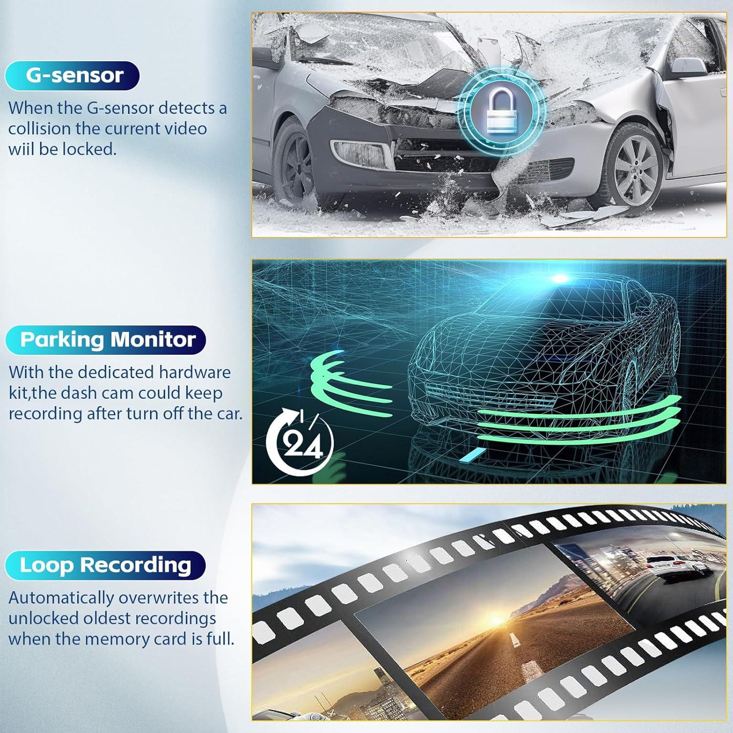 Cámara de tablero espejo 2K AMprime con 3 canales y G-Sensor