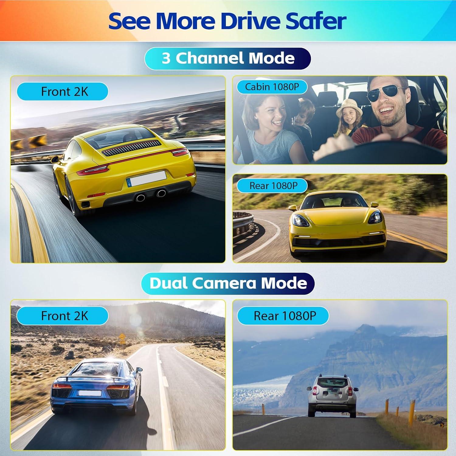 Cámara de tablero espejo 2K AMprime con 3 canales y G-Sensor