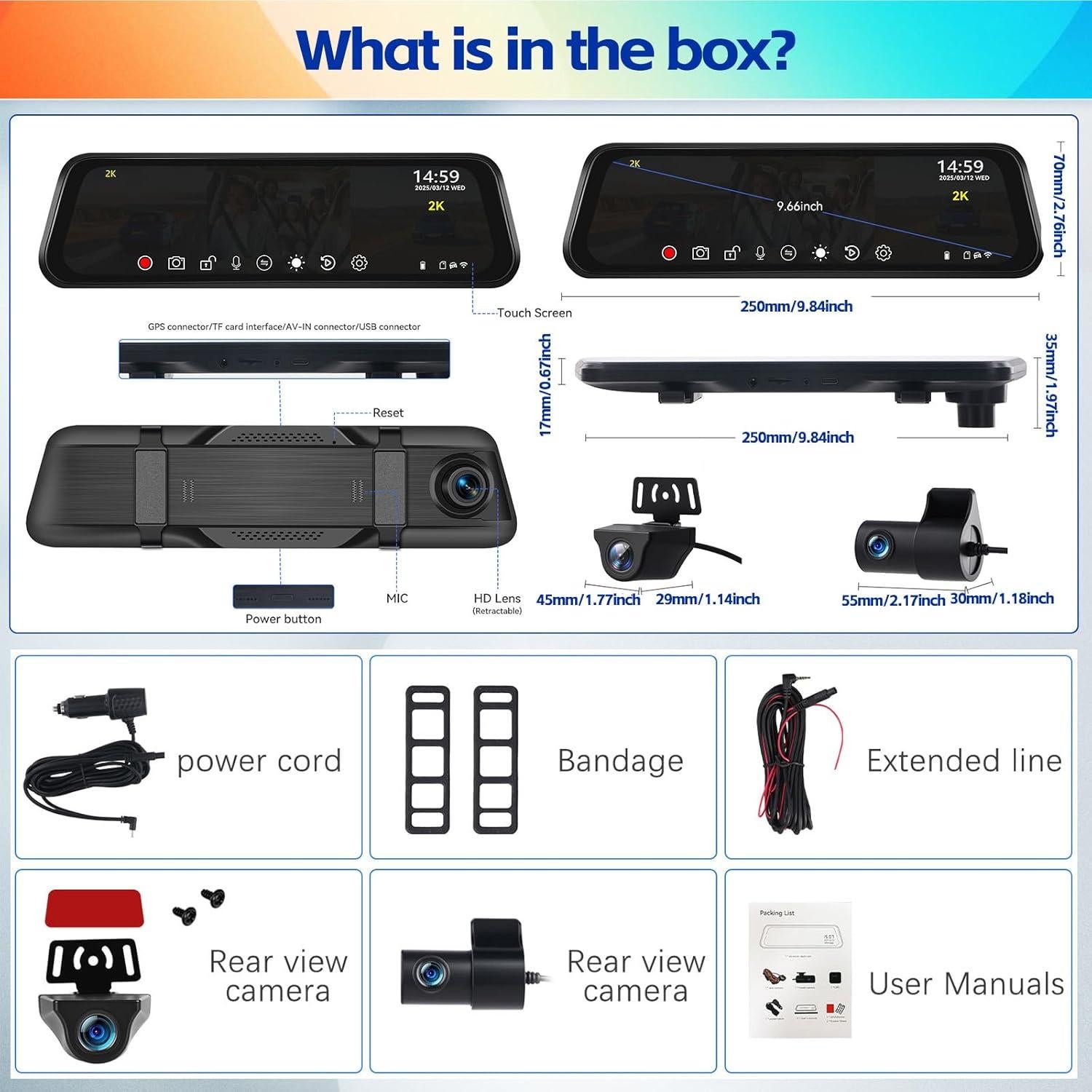 Cámara de tablero espejo 2K AMprime con 3 canales y G-Sensor