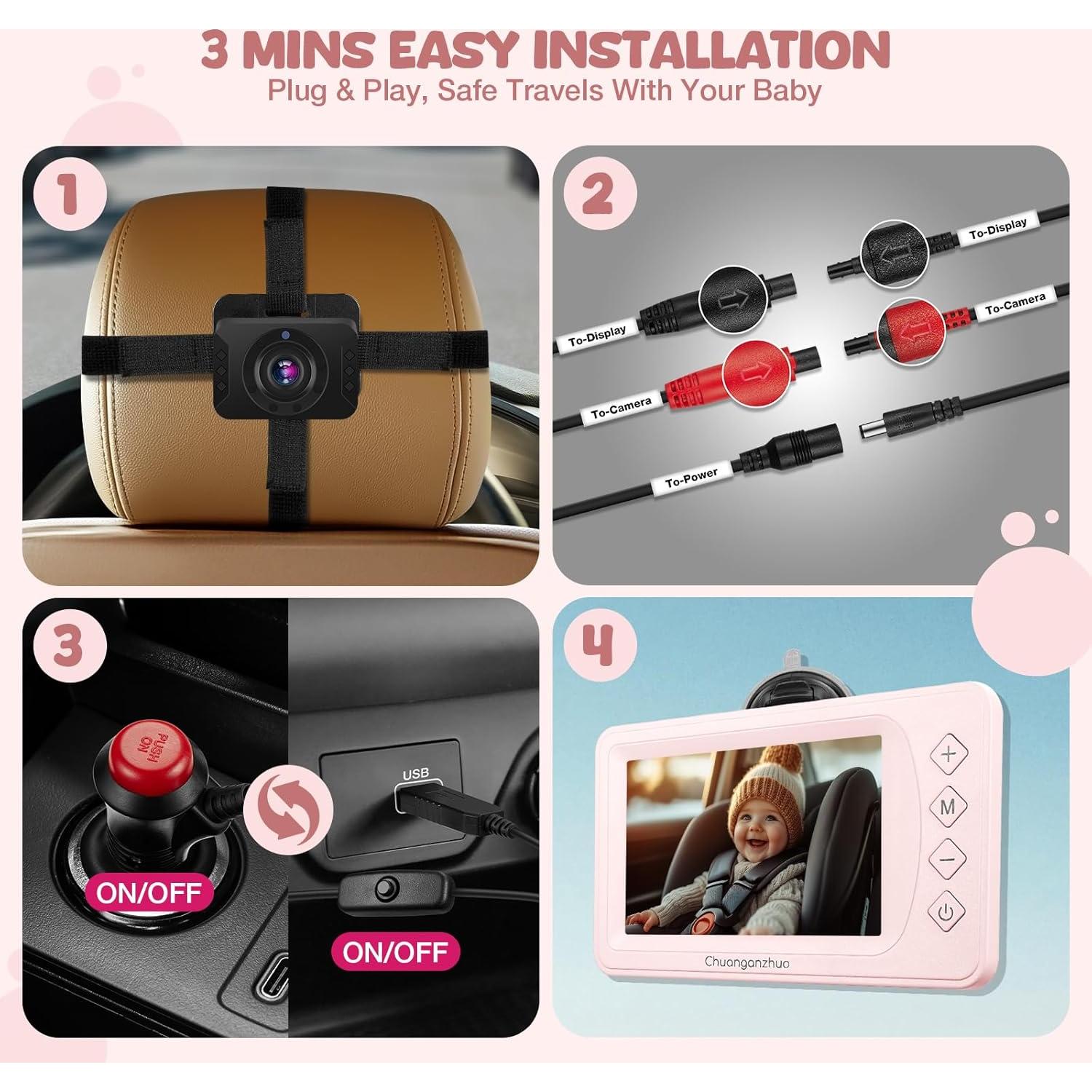 Cámara de Auto para Bebés Chuanganzhuo S100 Rosa 5" AHD 1080P