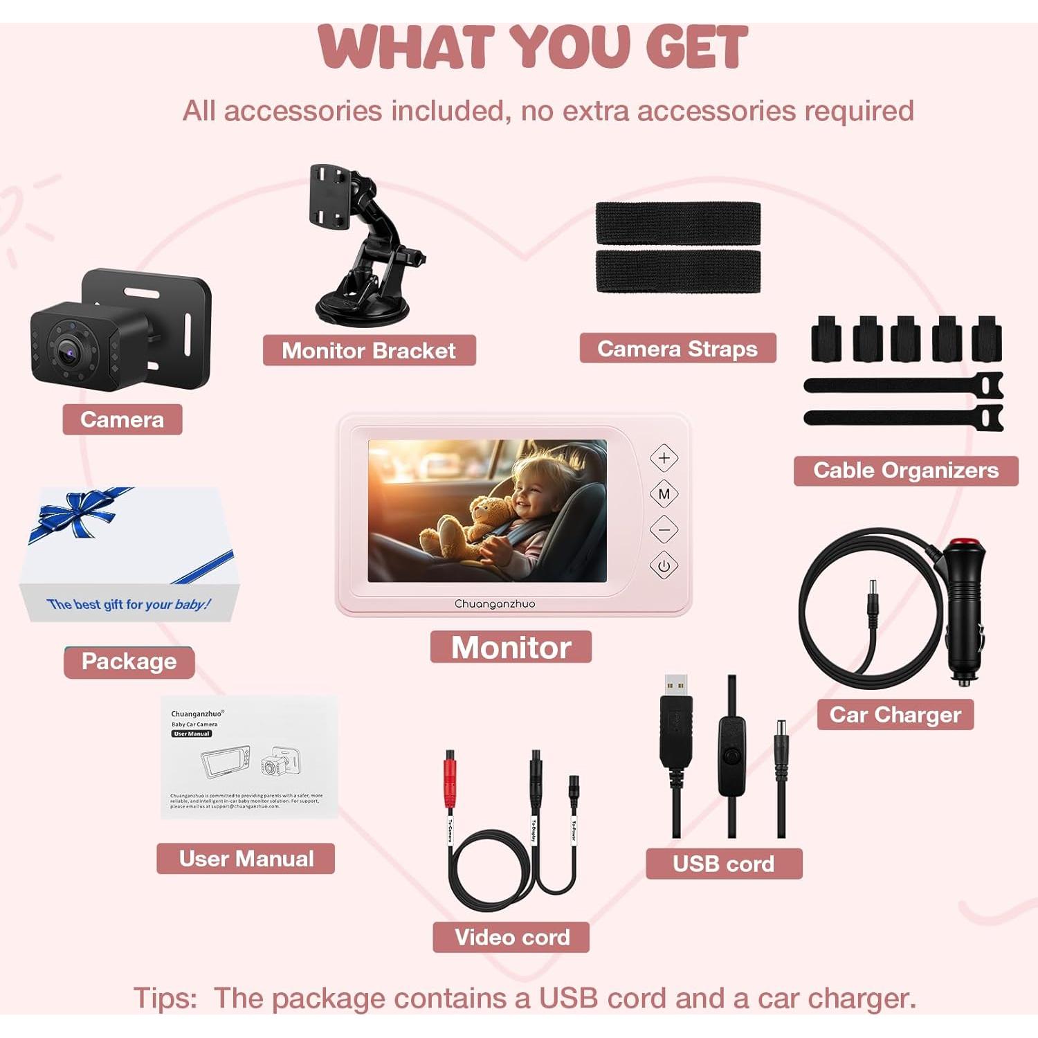 Cámara de Auto para Bebés Chuanganzhuo S100 Rosa 5" AHD 1080P