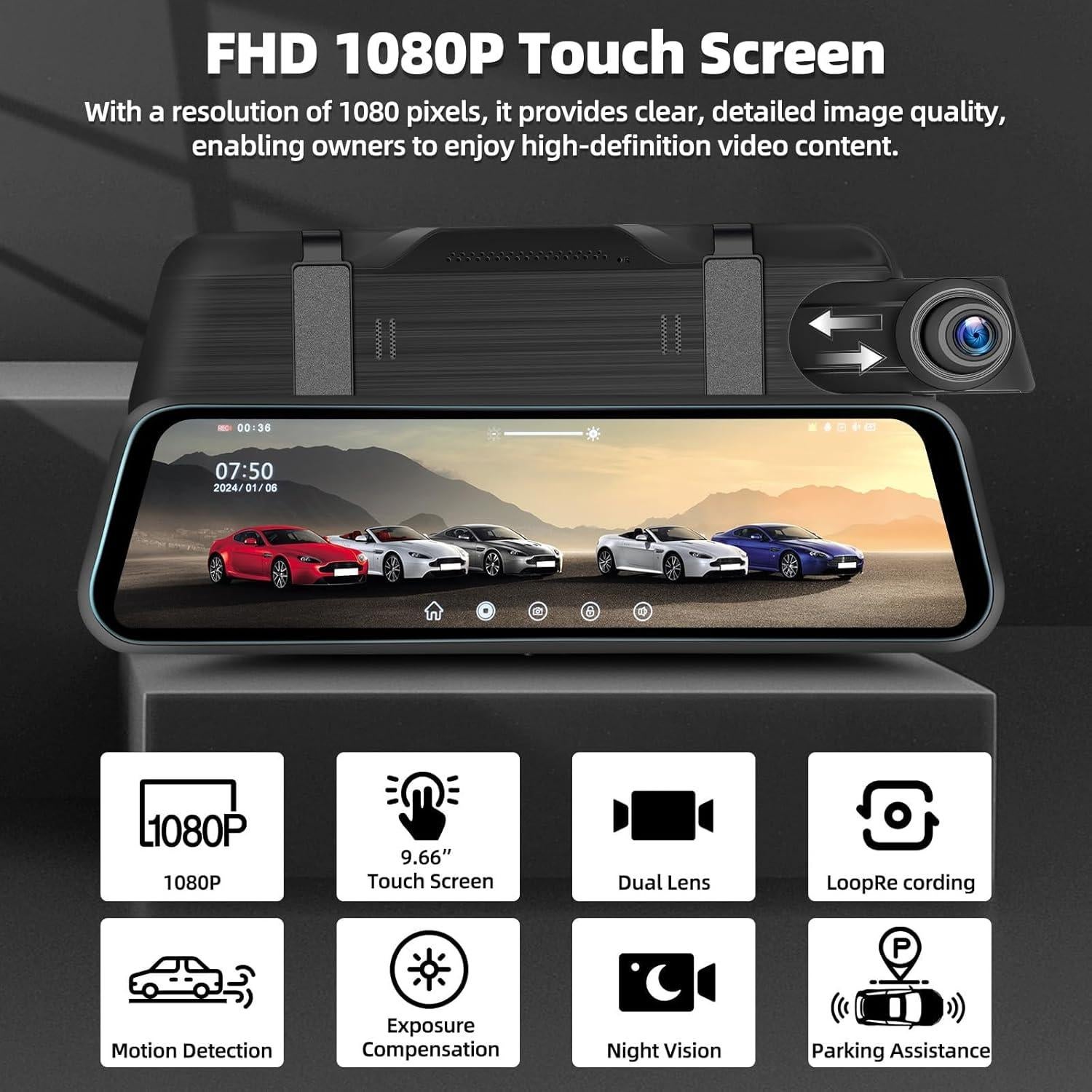 Cámara de Salpicadero Zomolither 9.66" IPS 1080P con Visión Nocturna