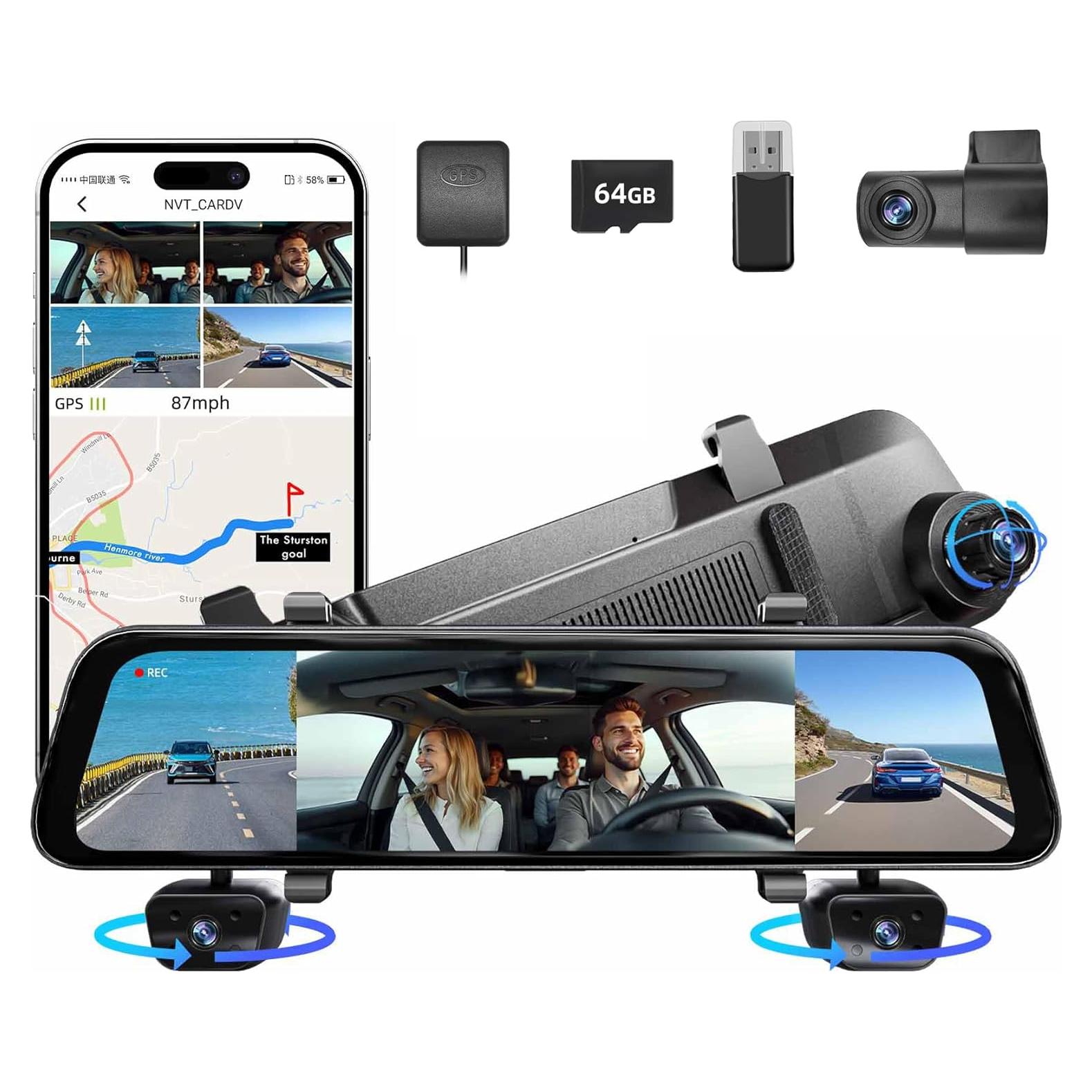 Cámara de Espejo Retrovisor Gloryes A980 360° con GPS y Wi-Fi