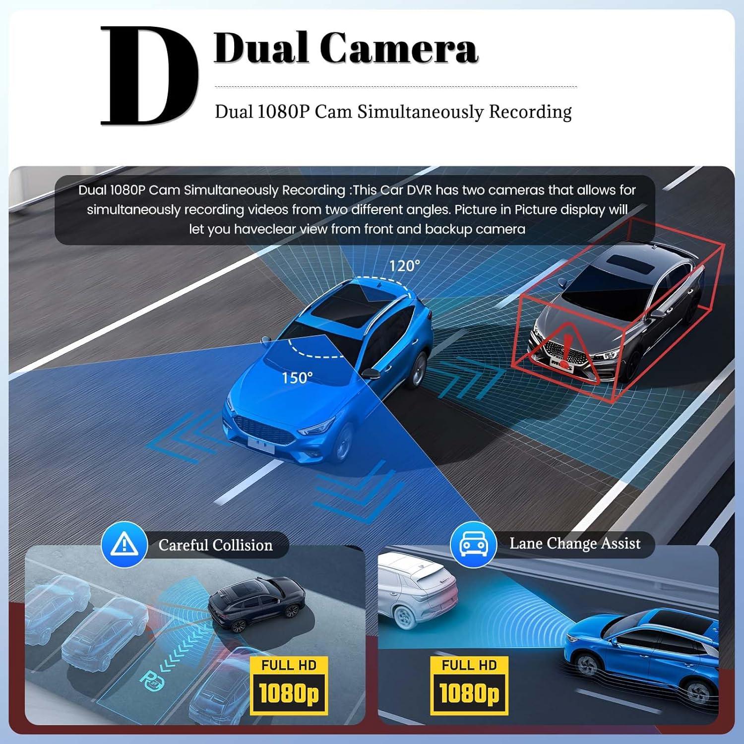 Cámara de Tablero OiLiehu 4.7" Dual 1080P con Visión Nocturna