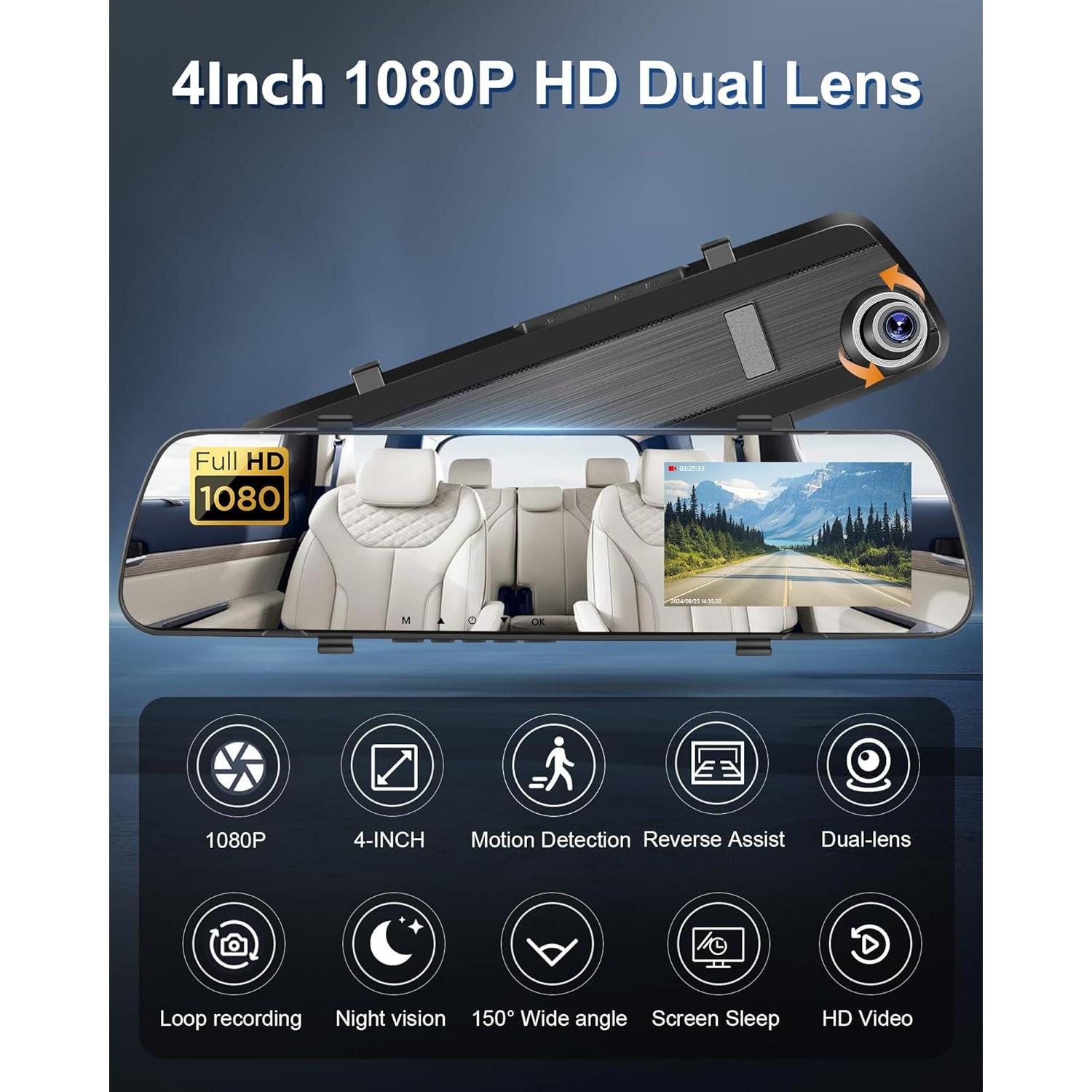 Cámara de Espejo Podofo 4" 1080P Doble Cámara Nocturna