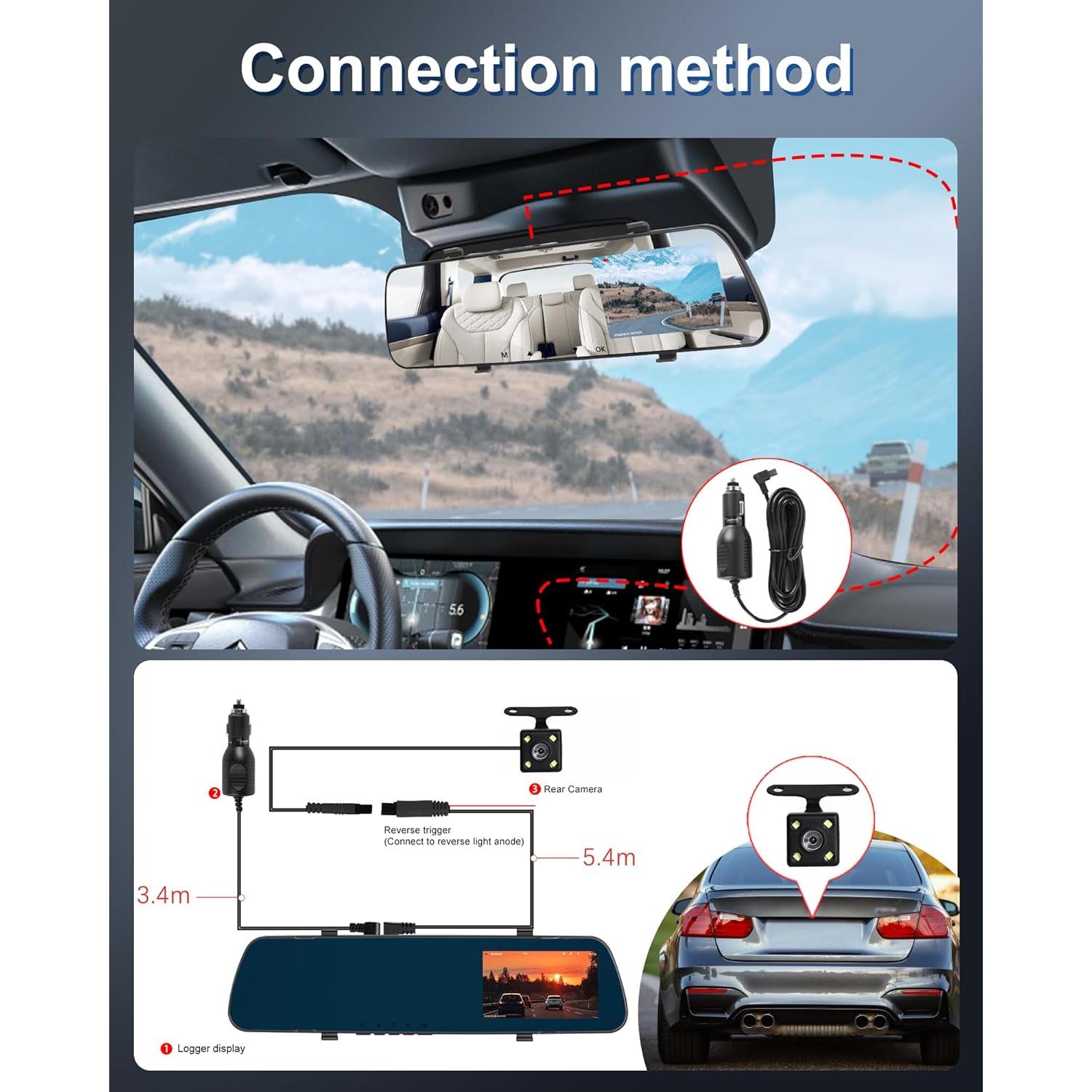 Cámara de Espejo Podofo 4" 1080P Doble Cámara Nocturna