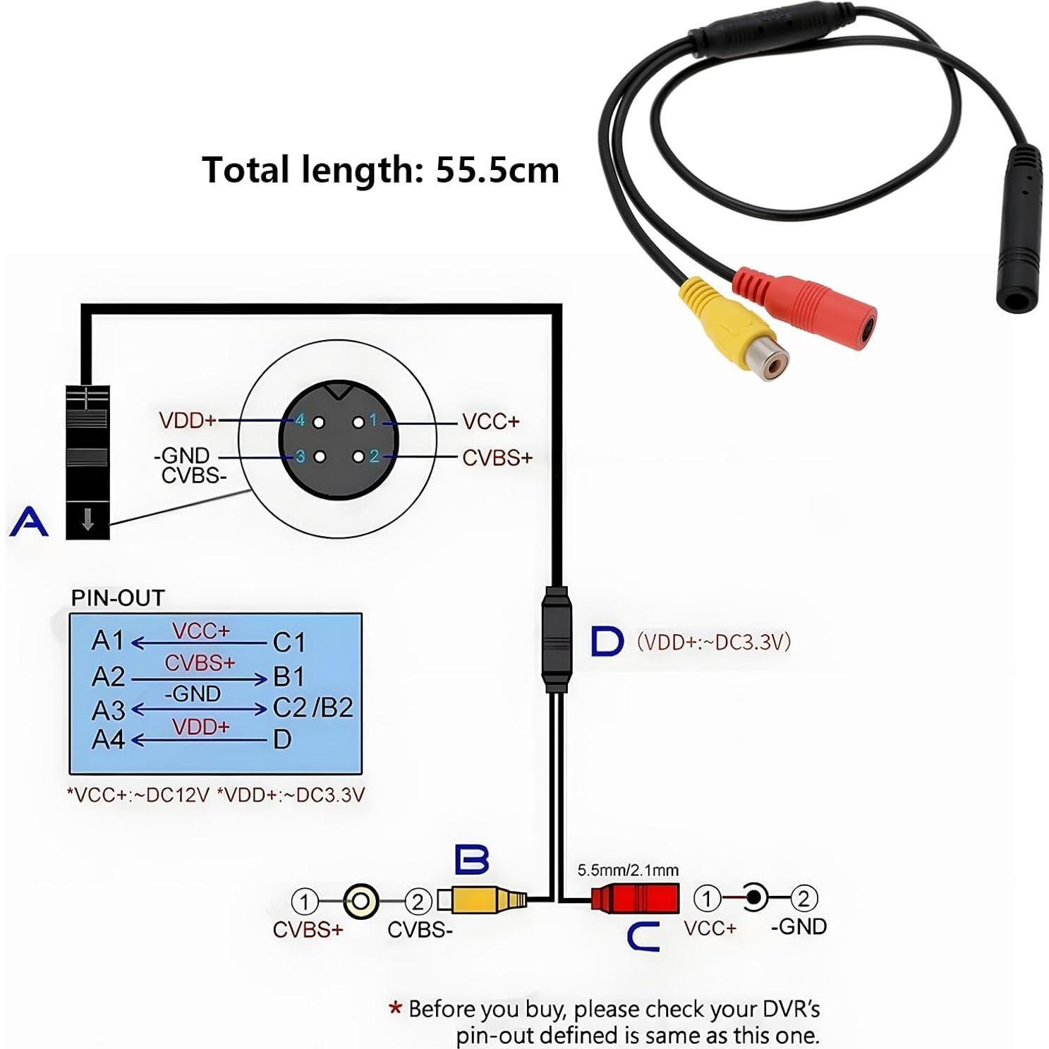 Cable Adaptador de Cámara de Reversa OTOTEC 55.5cm 4-Pin a RCA