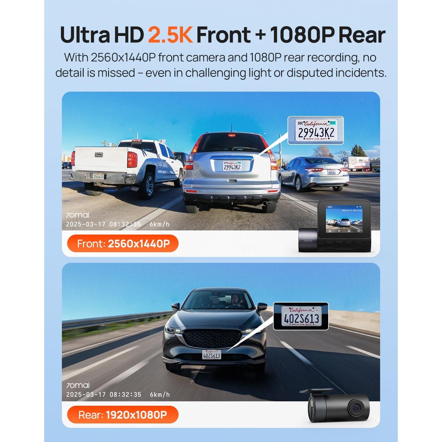 Cámara Dash 70mai A410 Doble 2.5K+1080P con GPS y Wi-Fi