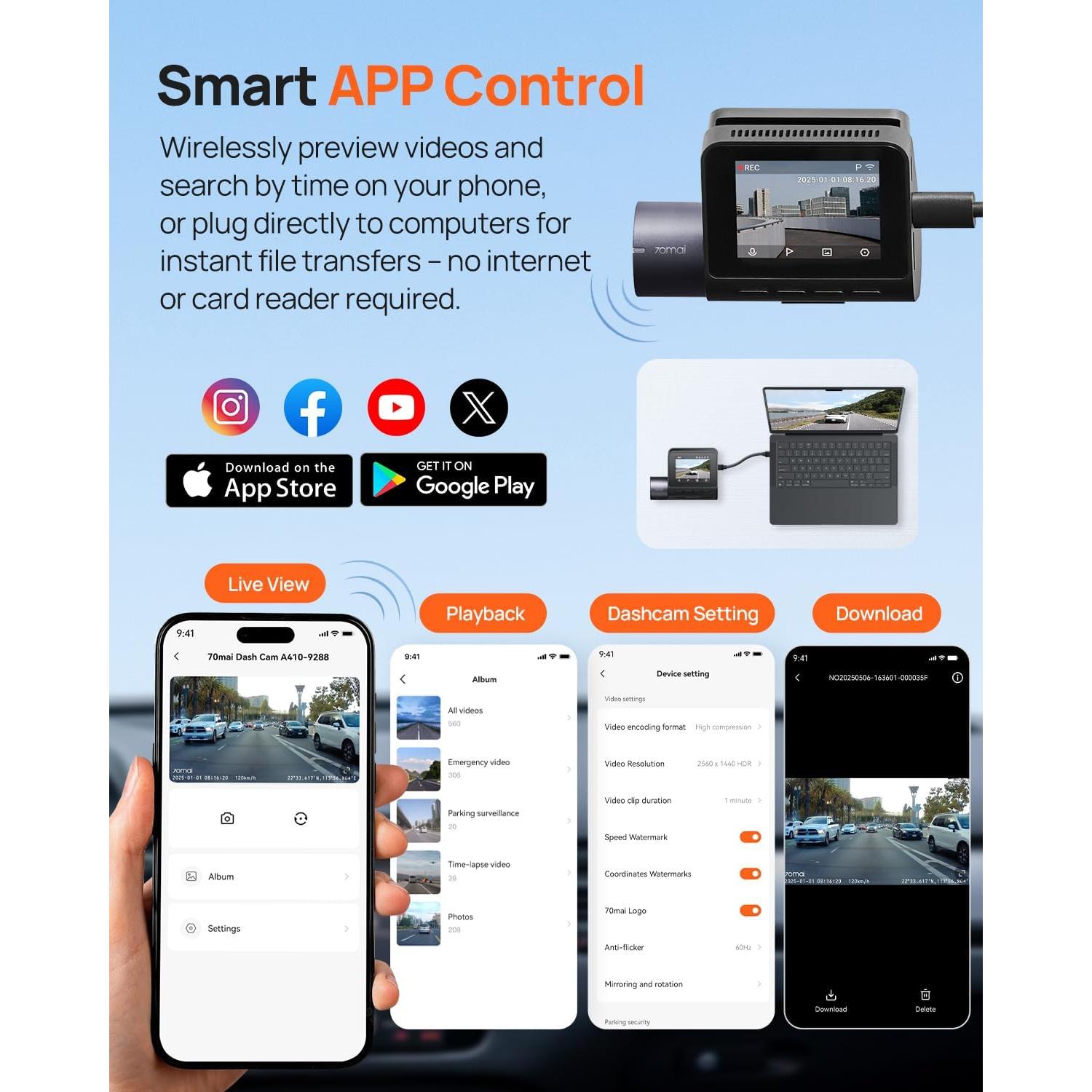 Cámara Dash 70mai A410 Doble 2.5K+1080P con GPS y Wi-Fi