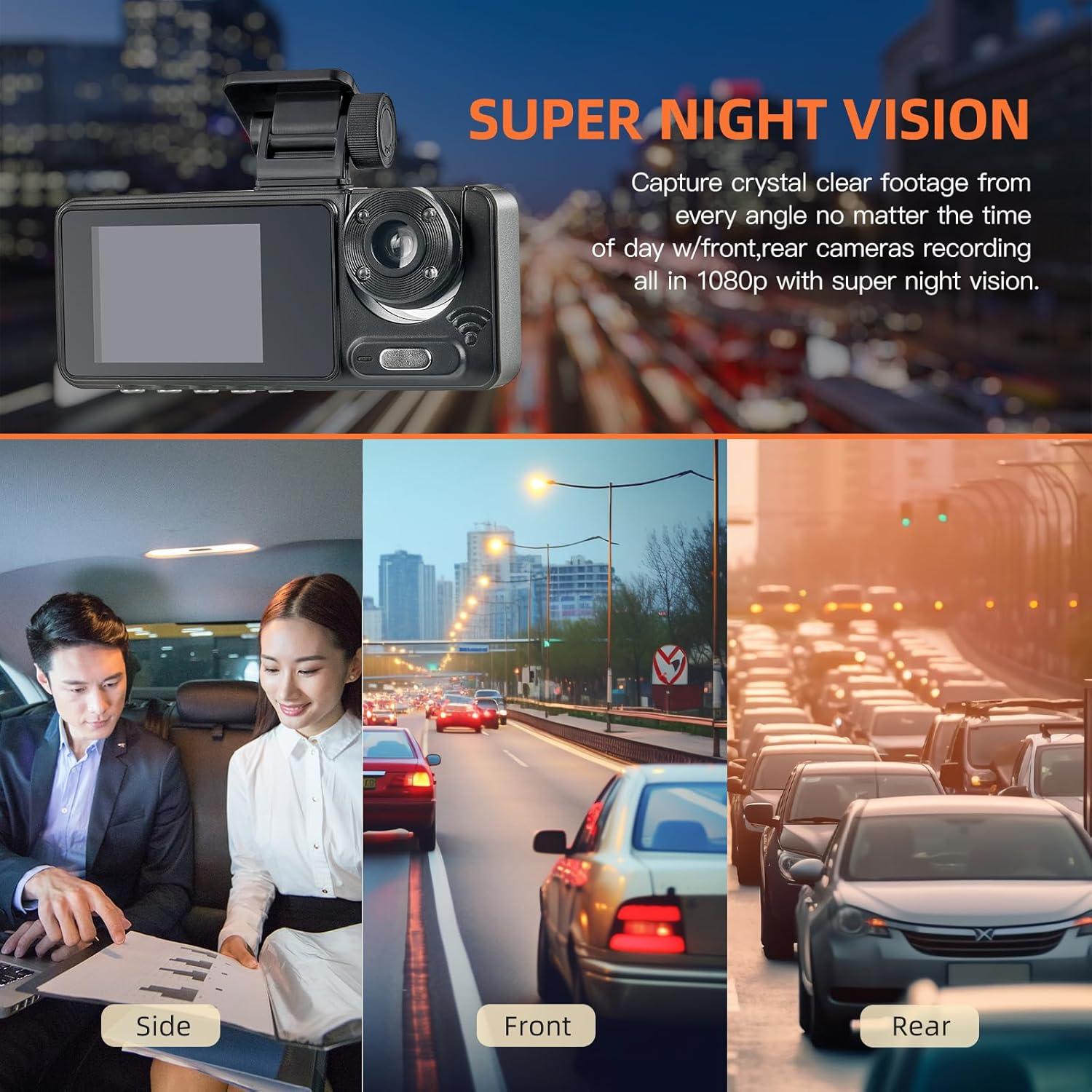 Cámara de Tablero 3 Canales Wfatxn 1080P Full UHD con Tarjeta 64GB