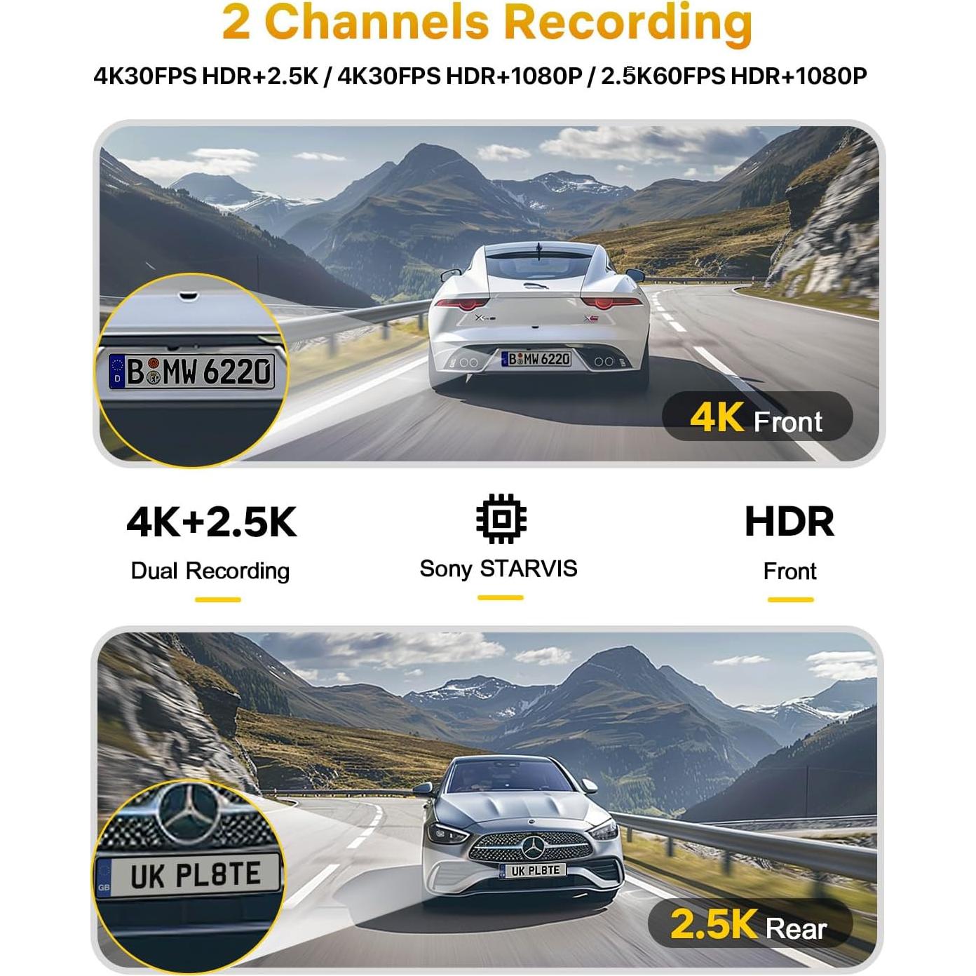 Cámara Dash GKU 4K 60fps Delantera y Trasera con GPS