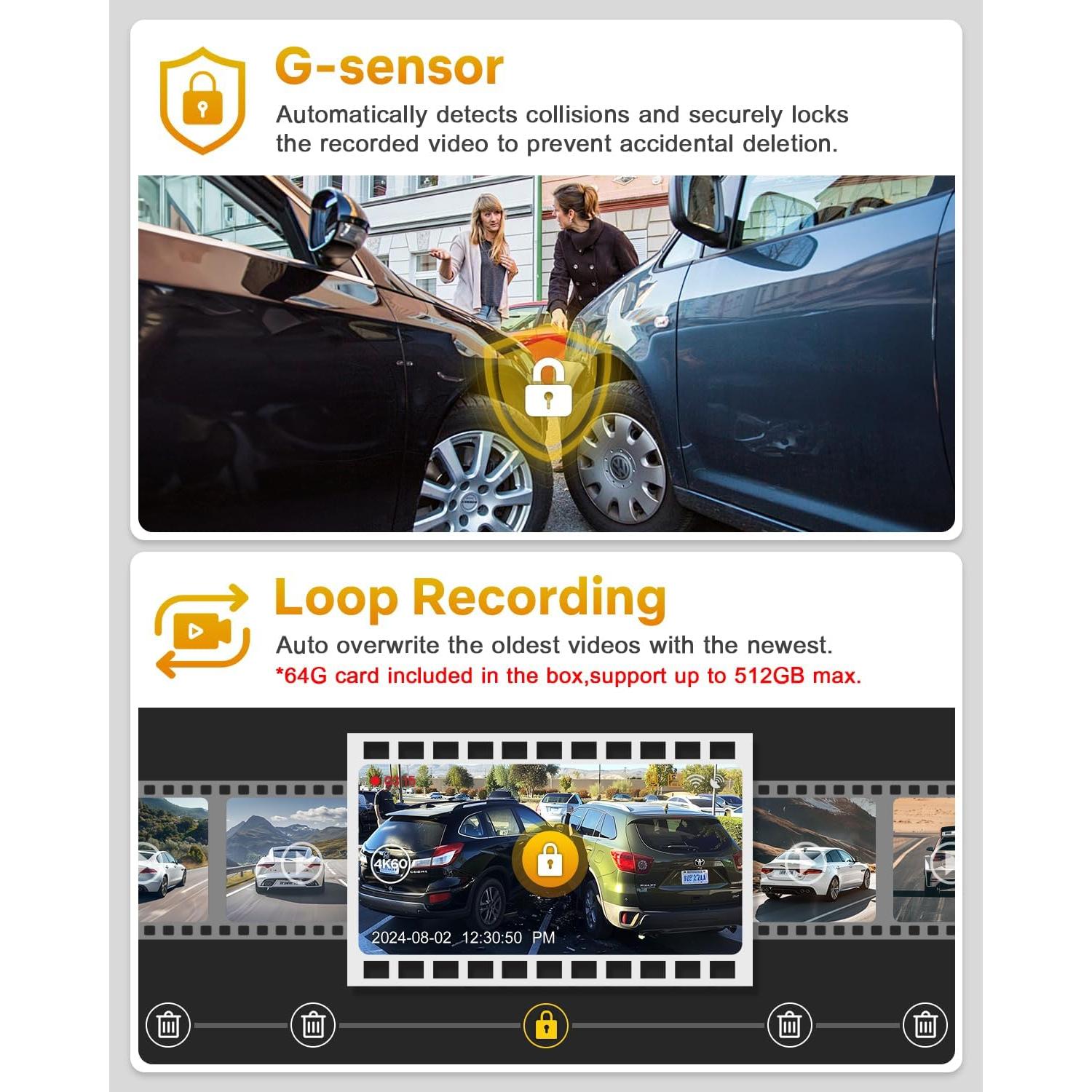 Cámara Dash GKU 4K 60fps Delantera y Trasera con GPS