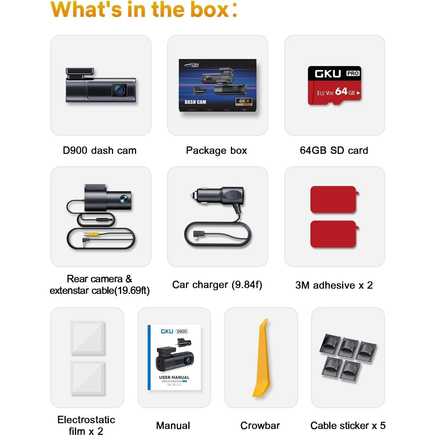 Cámara Dash GKU 4K 60fps Delantera y Trasera con GPS