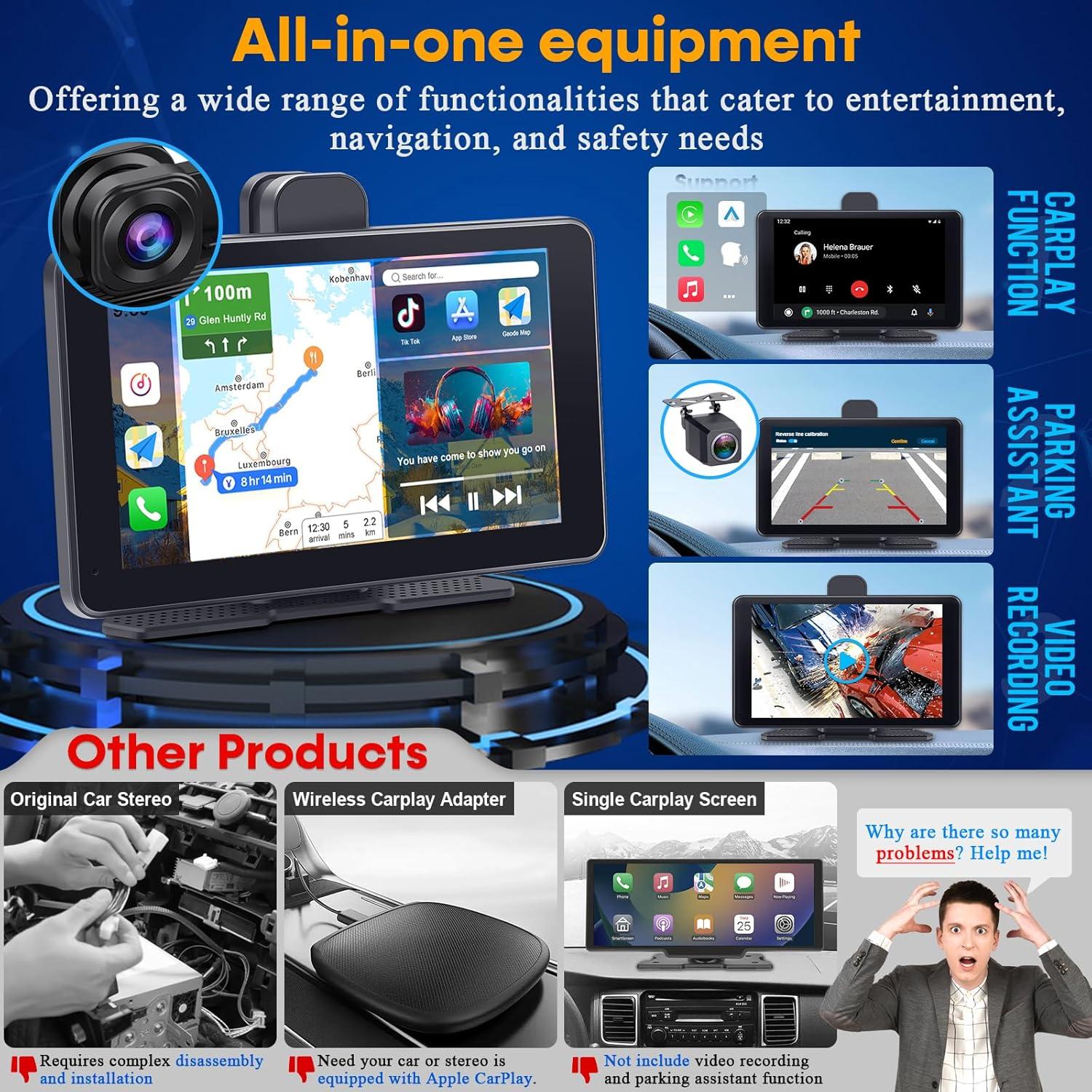 Pantalla CarPlay Inalámbrica 7" con Cámara de Tablero 2.5K