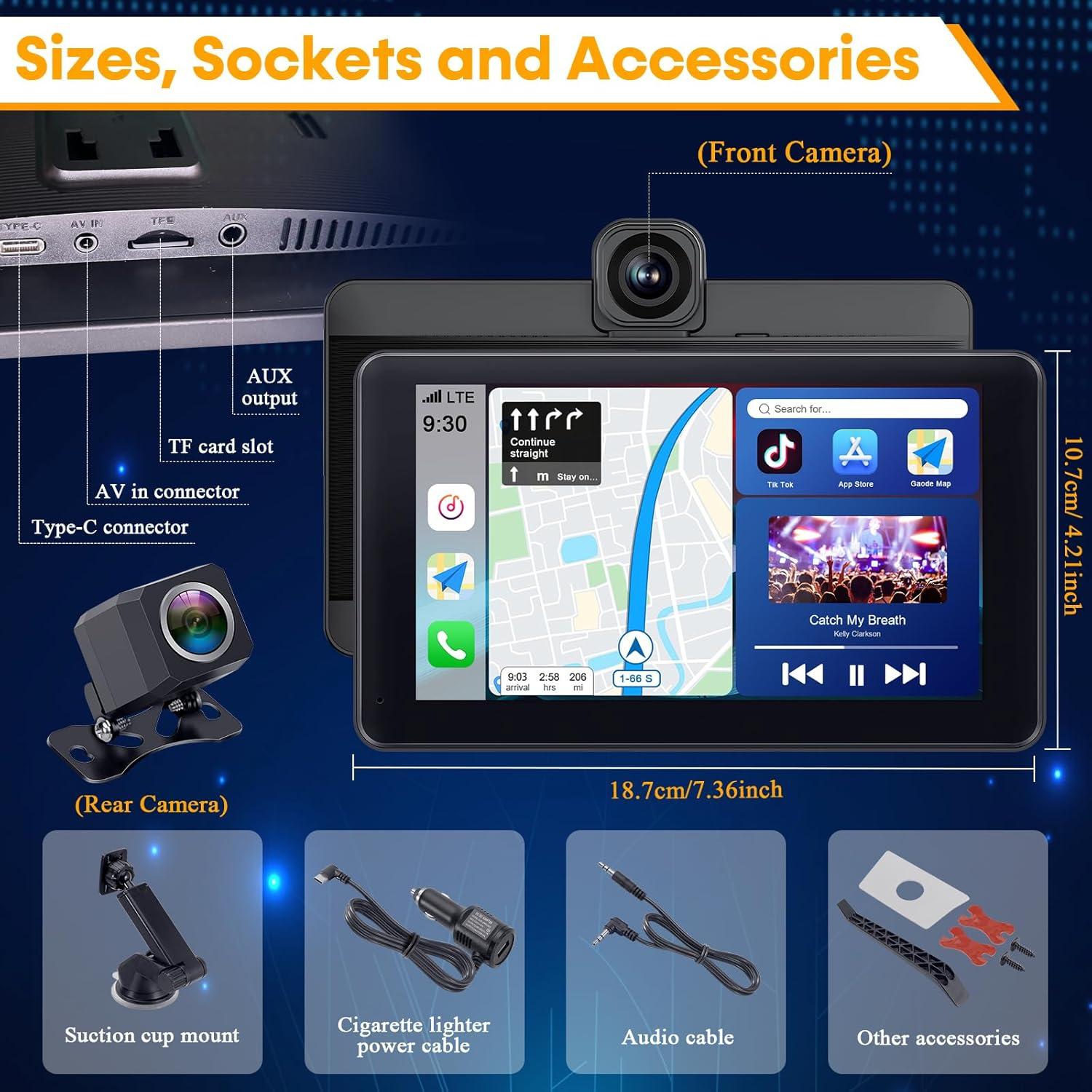 Pantalla CarPlay Inalámbrica 7" con Cámara de Tablero 2.5K