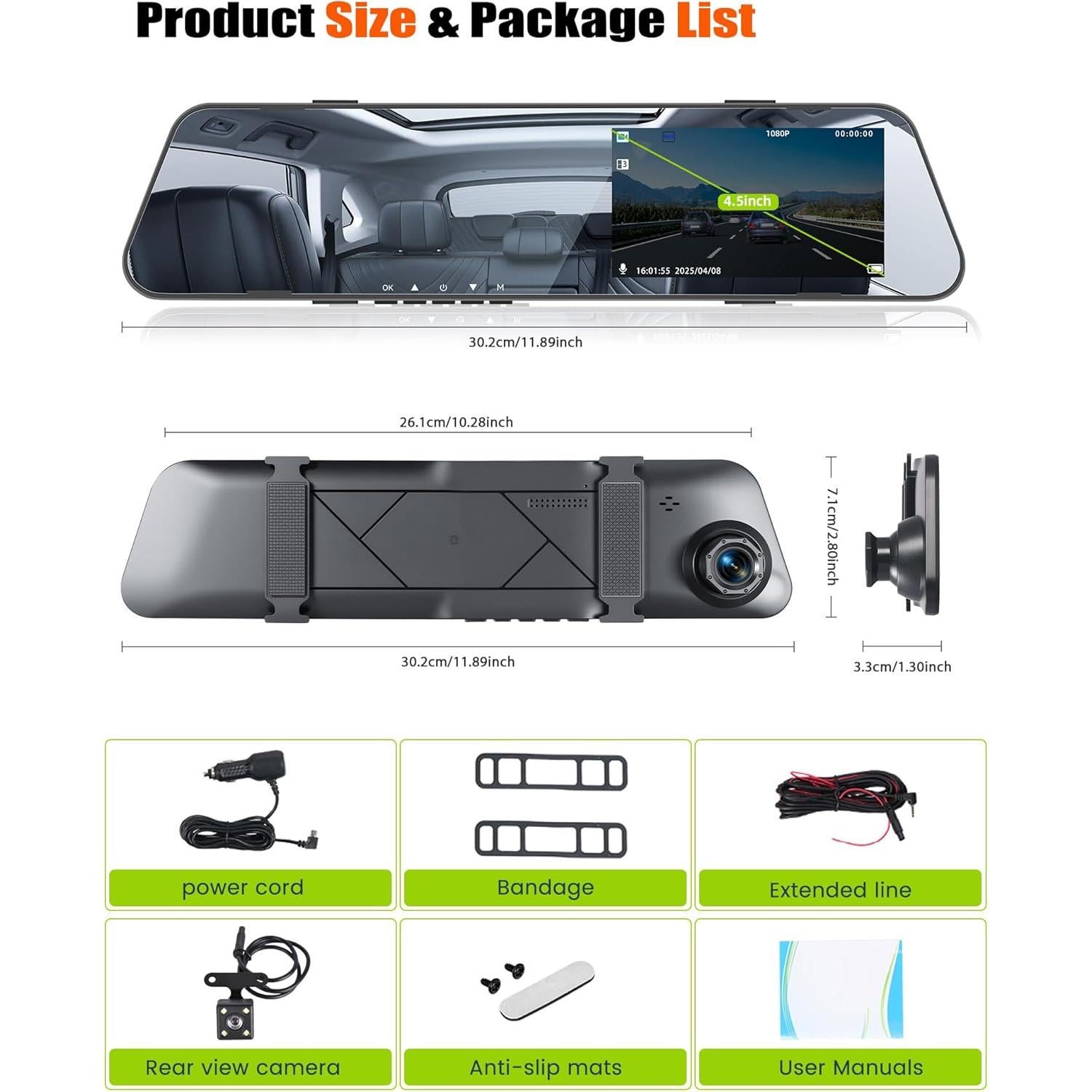 Cámara de Espejo Retrovisor AMprime 4.5" 1080P Doble Cámara