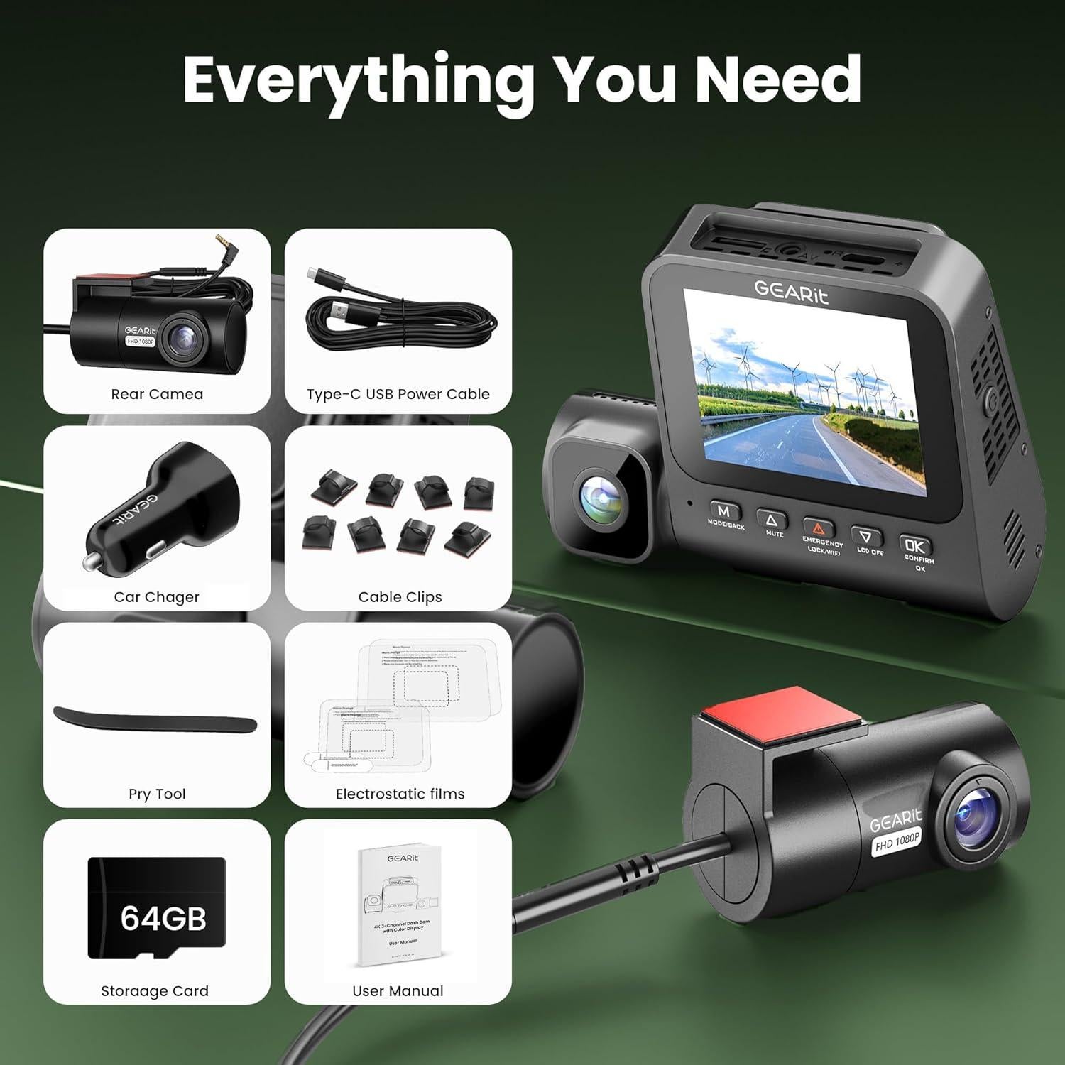 Cámara de tablero GEARit 4K triple con visión nocturna