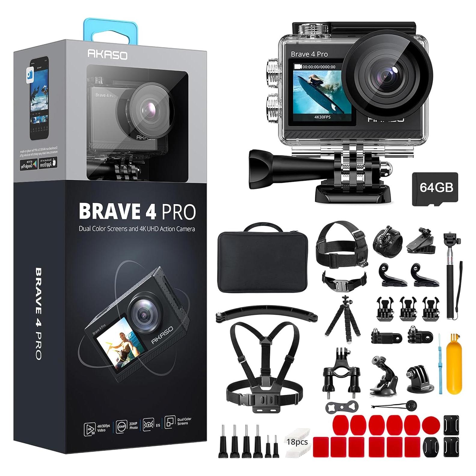 Cámara de Acción AKASO Brave 4 Pro 4K 30fps + 64GB + Accesorios
