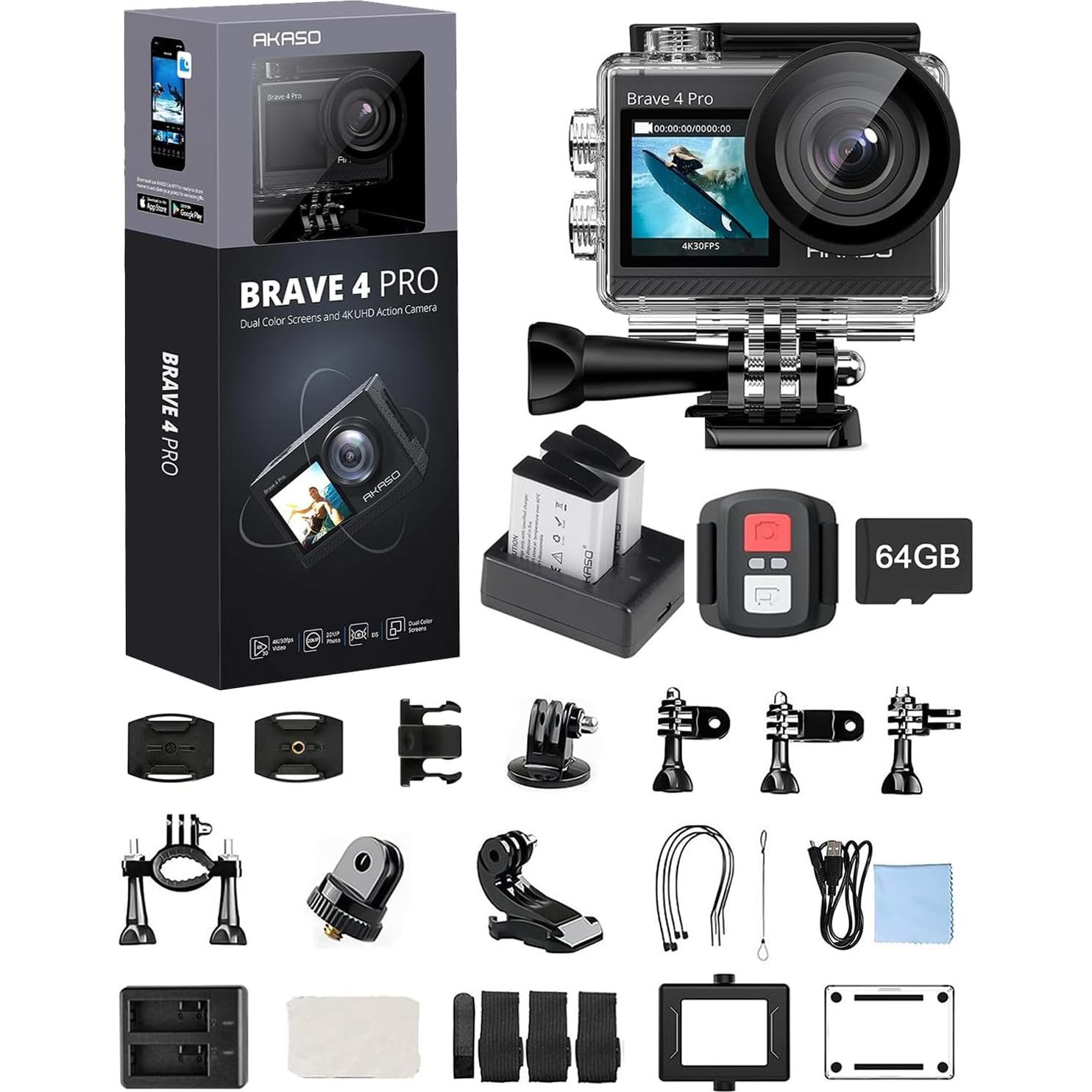 Cámara de Acción AKASO Brave 4 Pro 4K 30fps + 64GB + Accesorios
