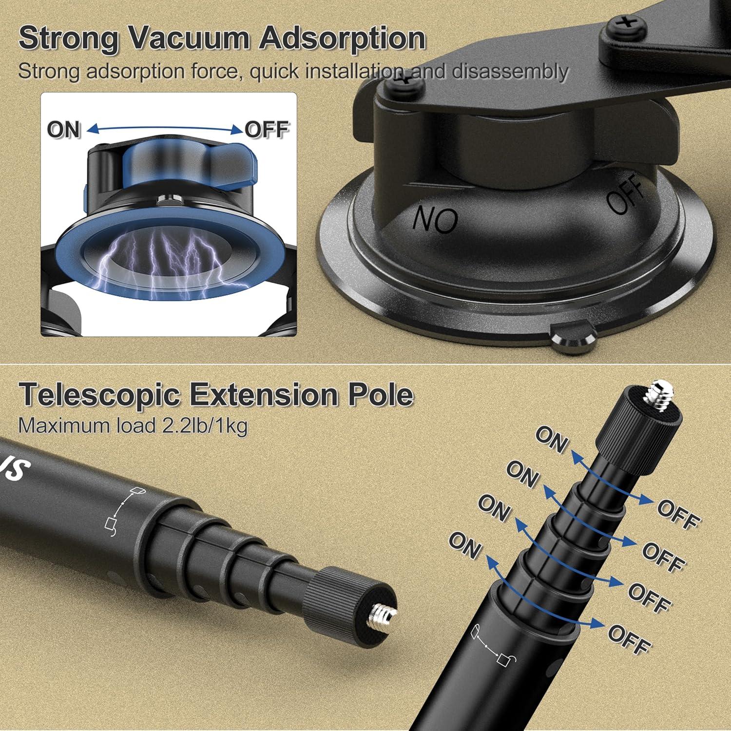 Soporte de Coche por Succión Minifocus S1401 con Palo de Selfie 114cm