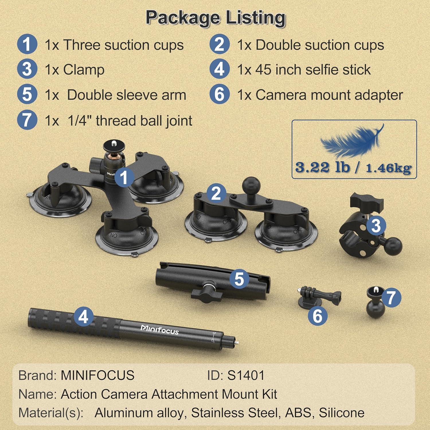 Soporte de Coche por Succión Minifocus S1401 con Palo de Selfie 114cm