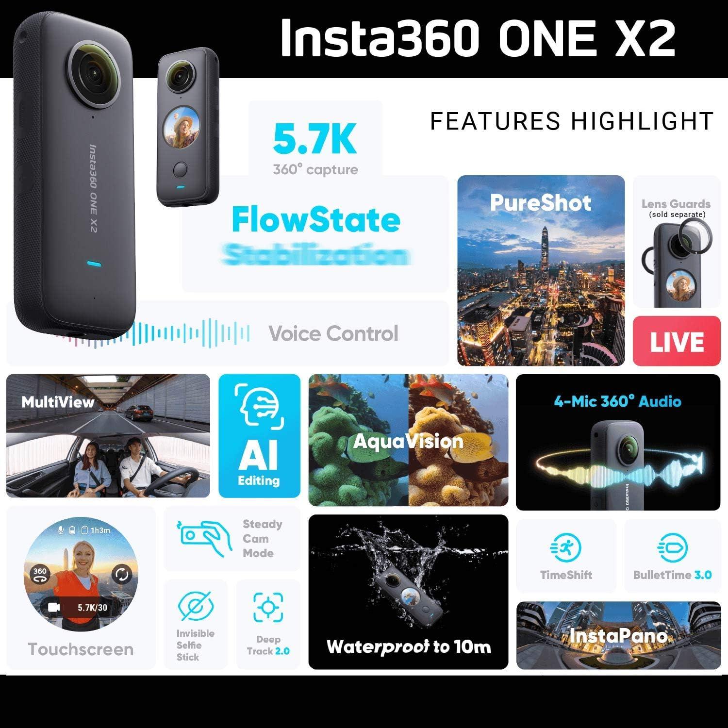 Cámara 360 Insta360 ONE X2 - 5.7K, Estabilización, Resistente al Agua