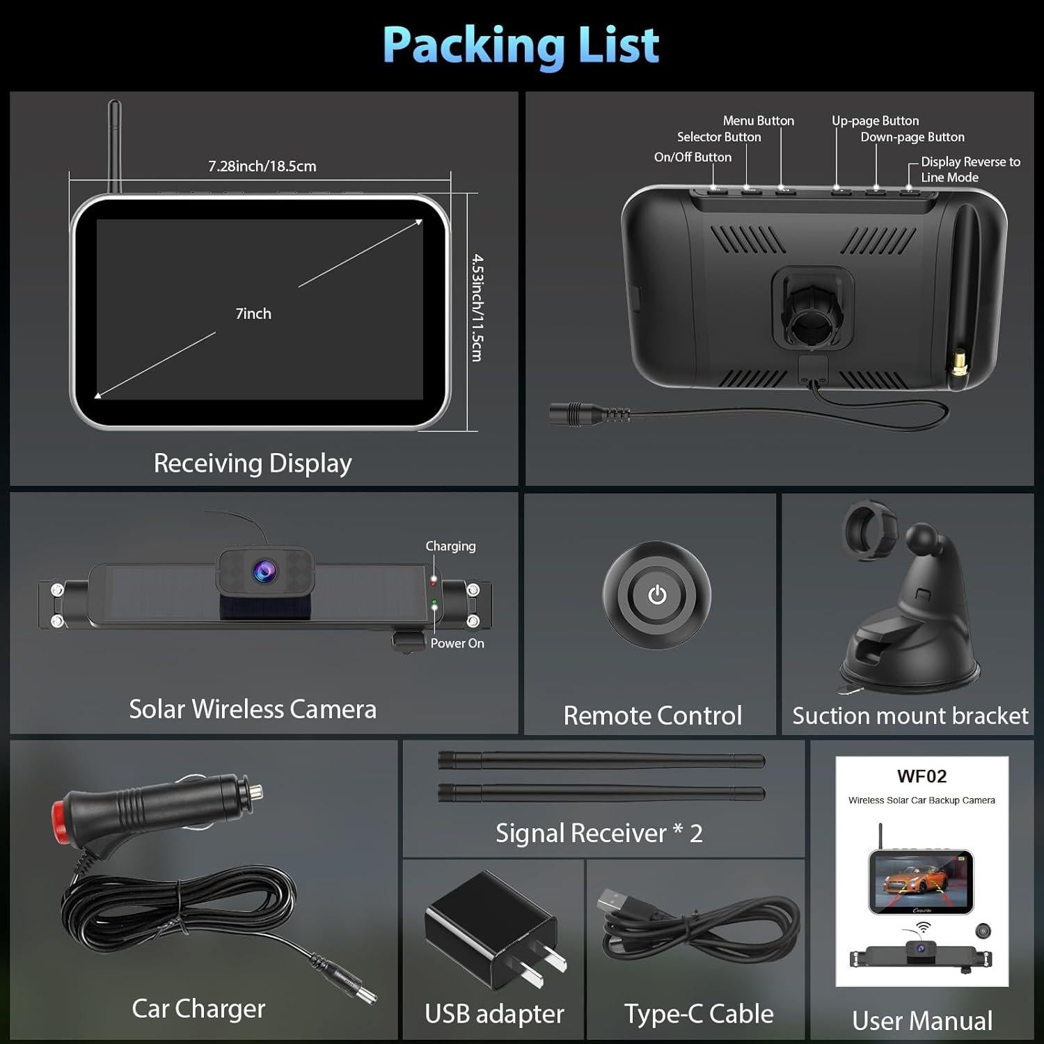 Cámara de Respaldo Inalámbrica Solar Carpuride 1080P 7"