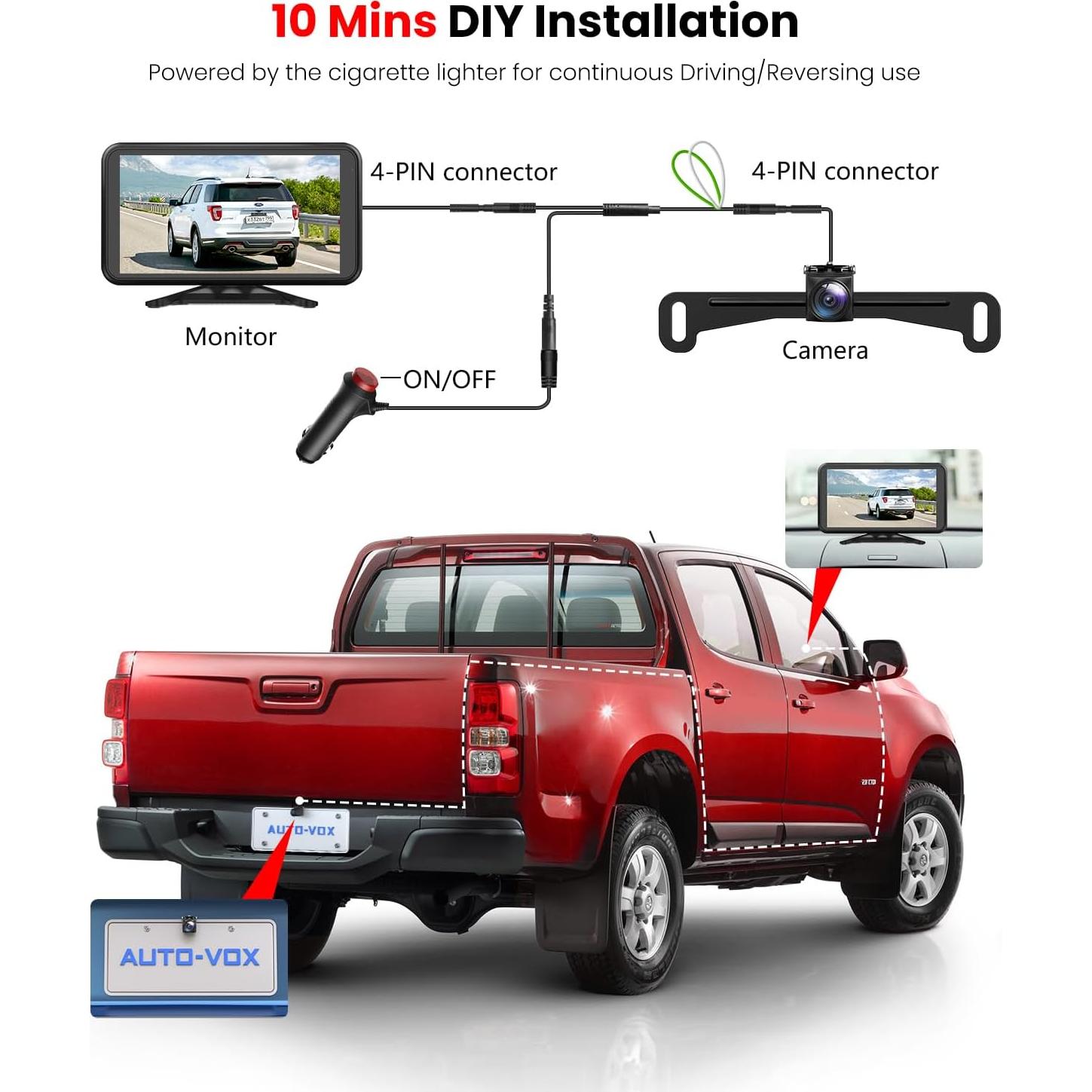 Cámara de Respaldo AUTO-VOX 1080P IP69K 3X Zoom para Vehículos