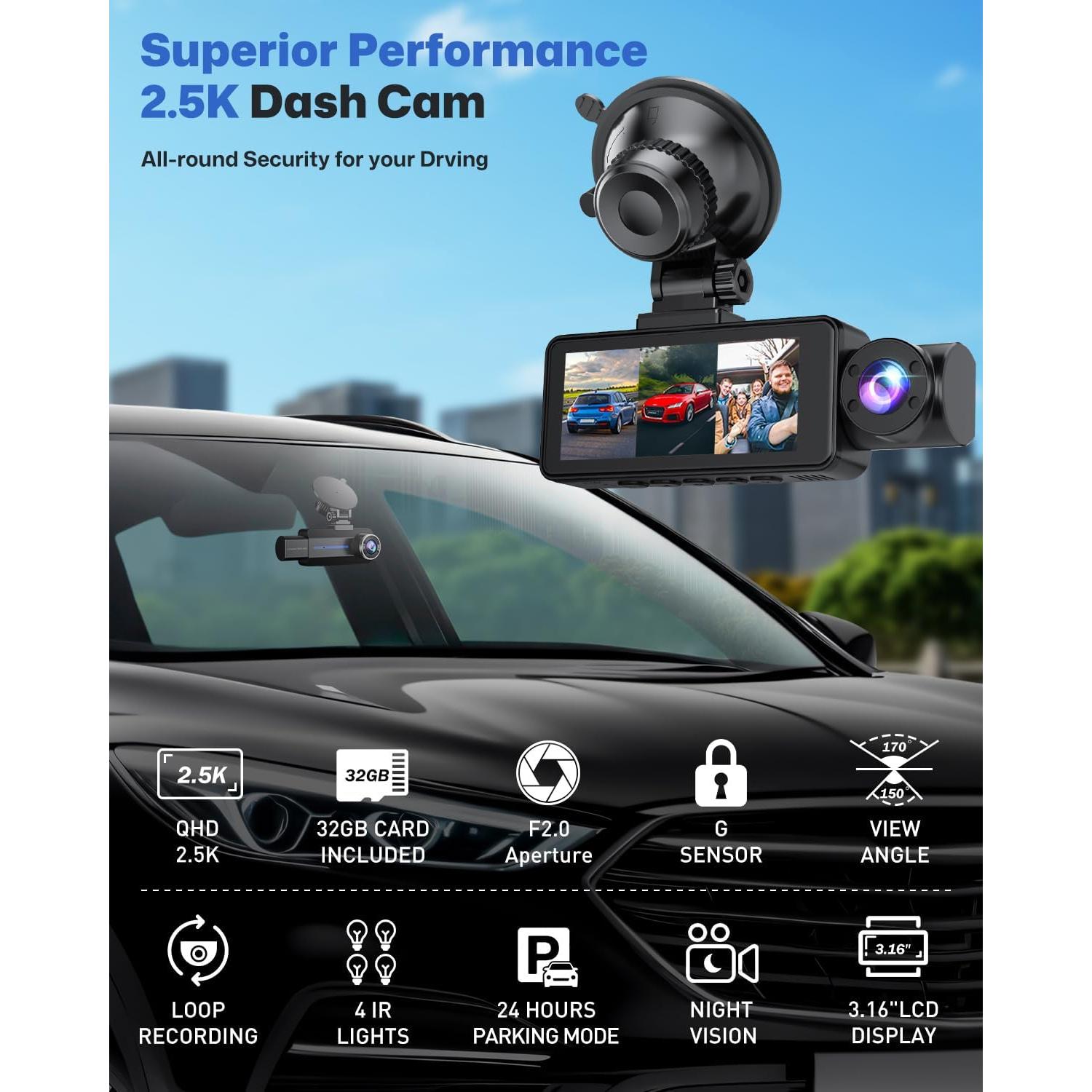 Cámara de tablero BAEASU 2.5K 3 canales con visión nocturna