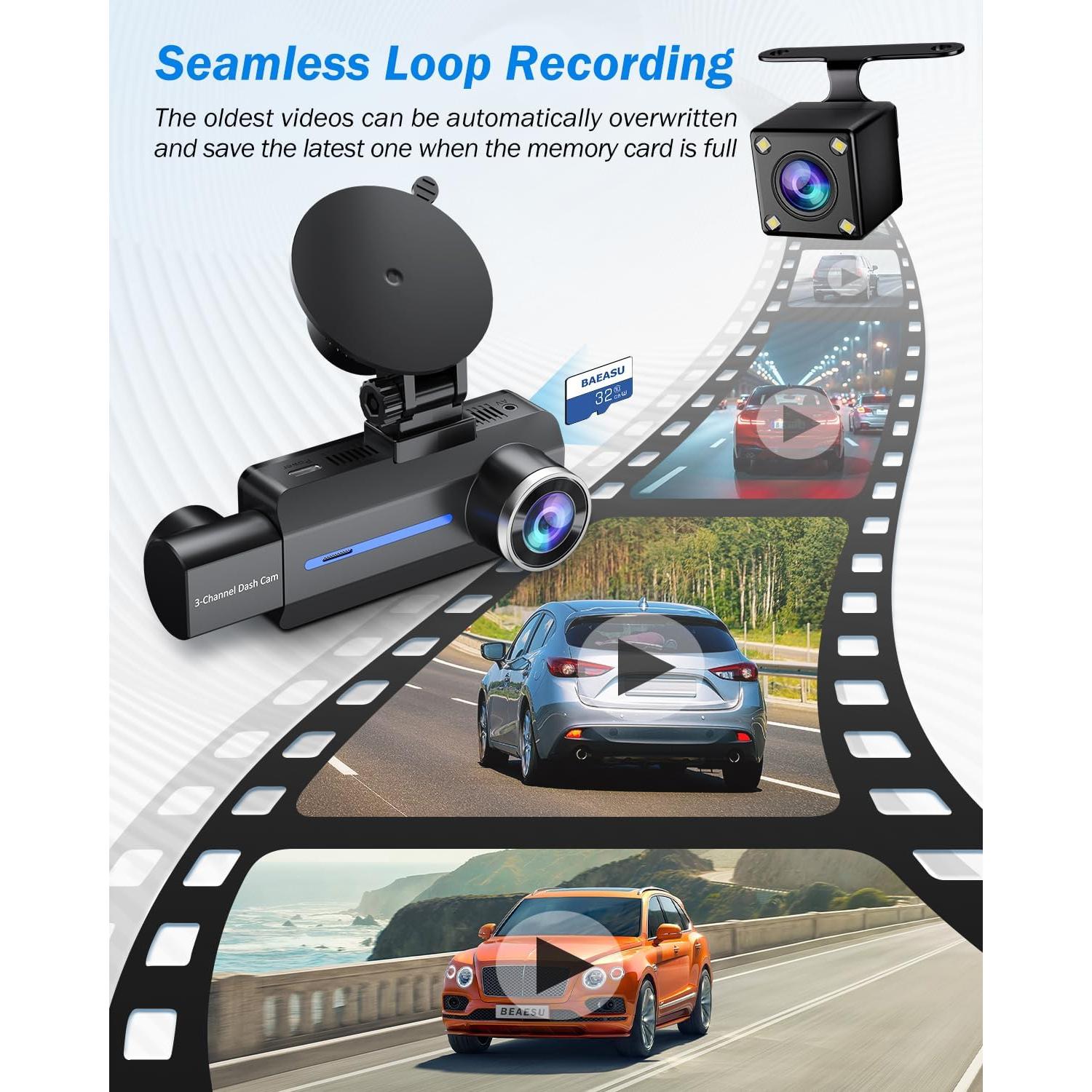 Cámara de tablero BAEASU 2.5K 3 canales con visión nocturna