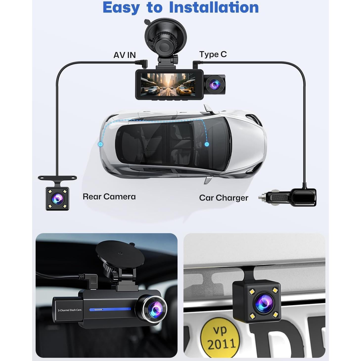 Cámara de tablero BAEASU 2.5K 3 canales con visión nocturna