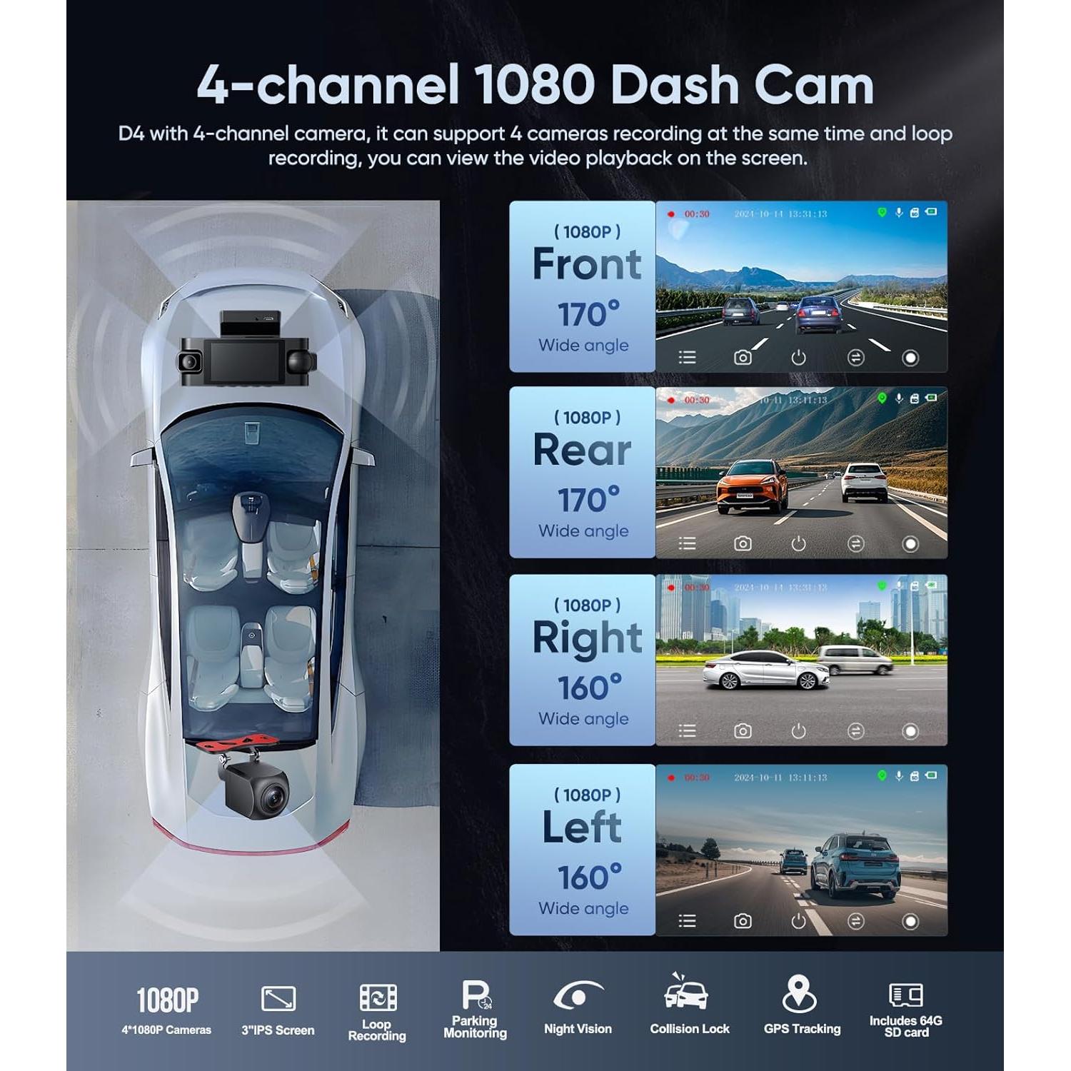 Cámara Dash 360° AINAVIGO 4 Canales 1080P con IR y G-Sensor