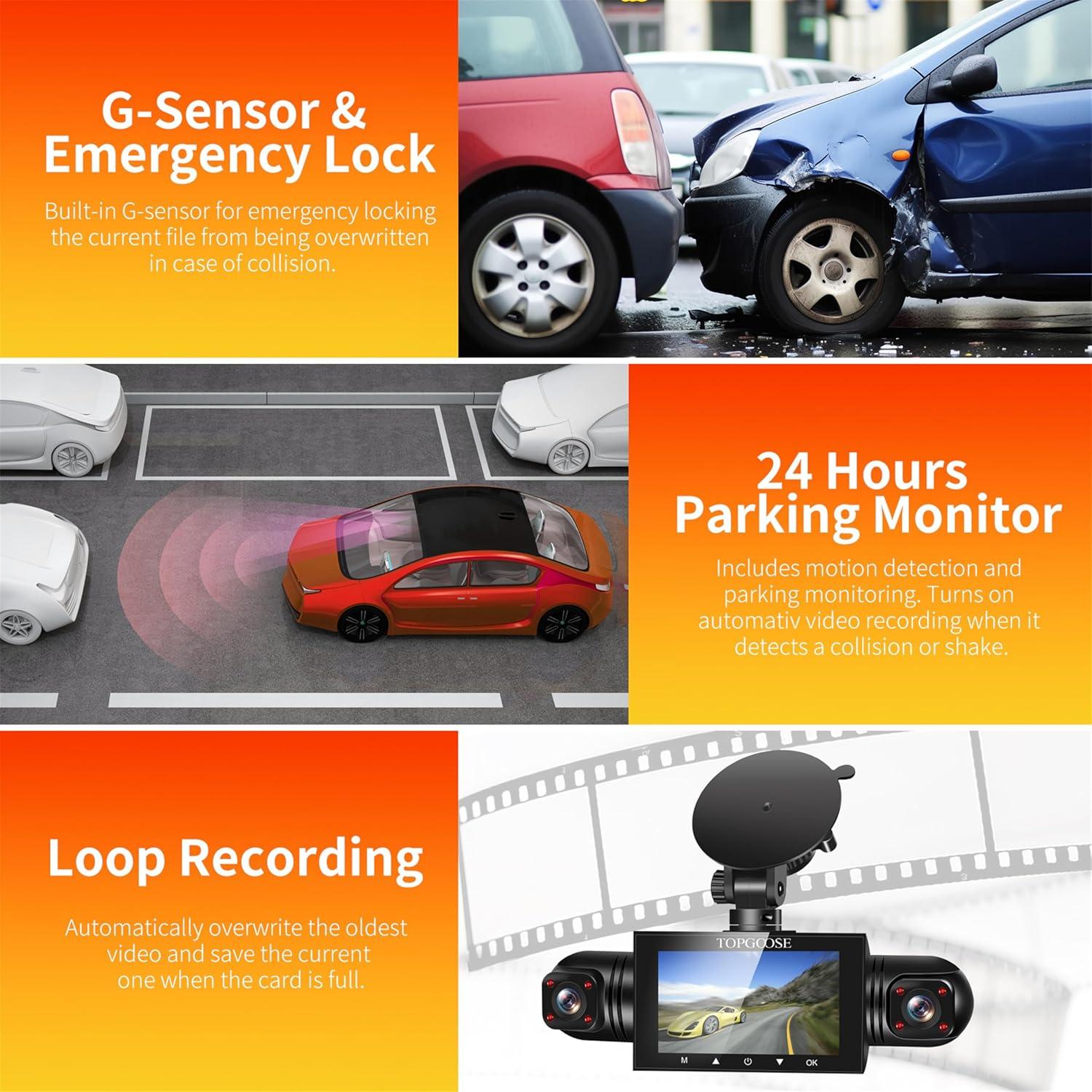 Cámara Dash TOPGOOSE 360° 4 Canales FHD 1080P con 64GB