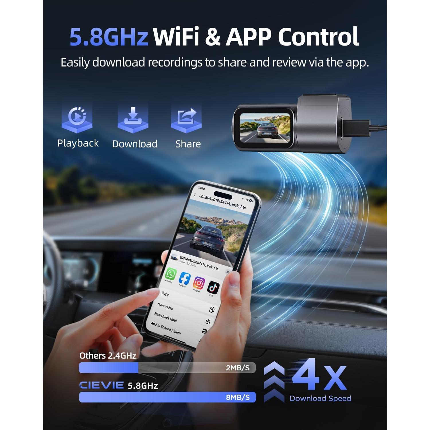 Cámara de tablero Cievie C200 4K con WiFi 5.8GHz y 64GB