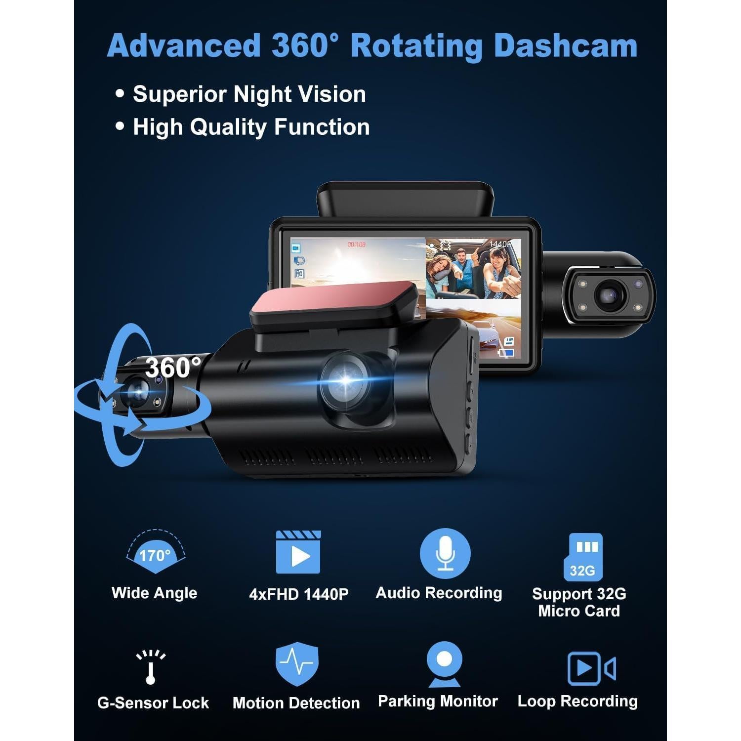 Cámara 360° UOOYOO para coche, Dual 2K + 1080P, IR