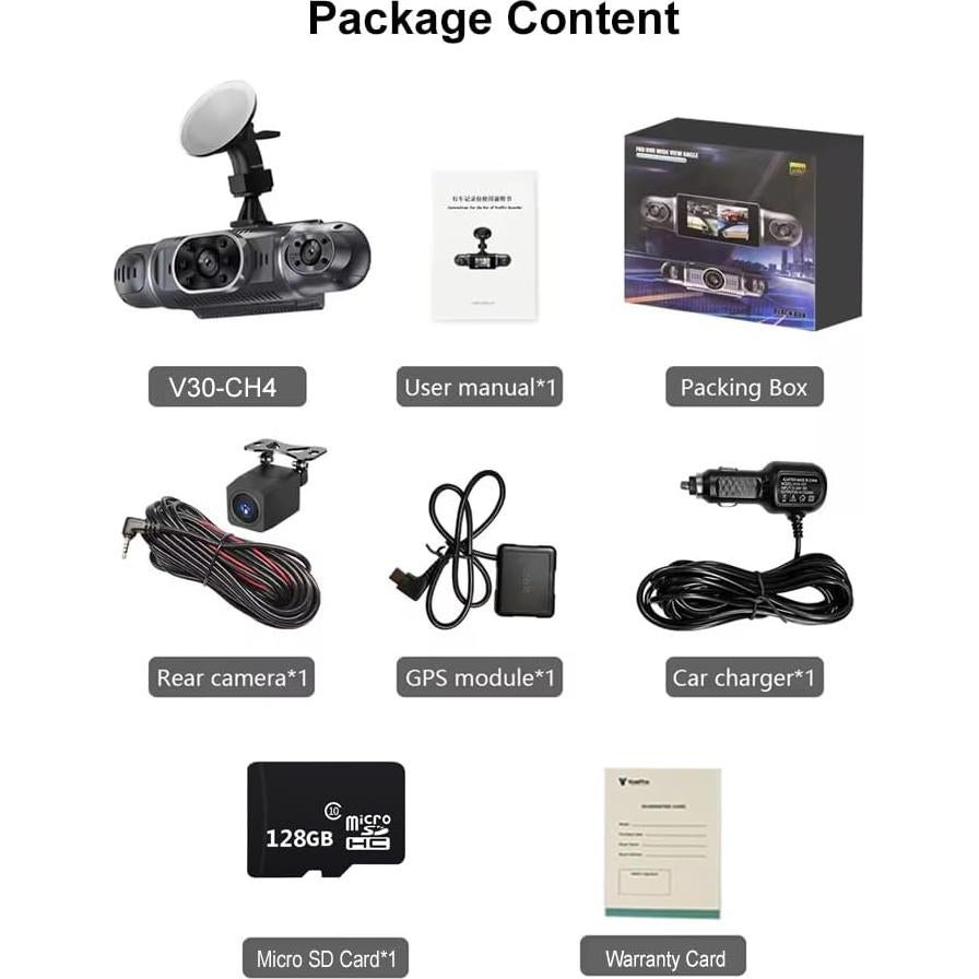 Cámara Dash VuePro V30 4 Canales FHD 1080P GPS WiFi 128GB