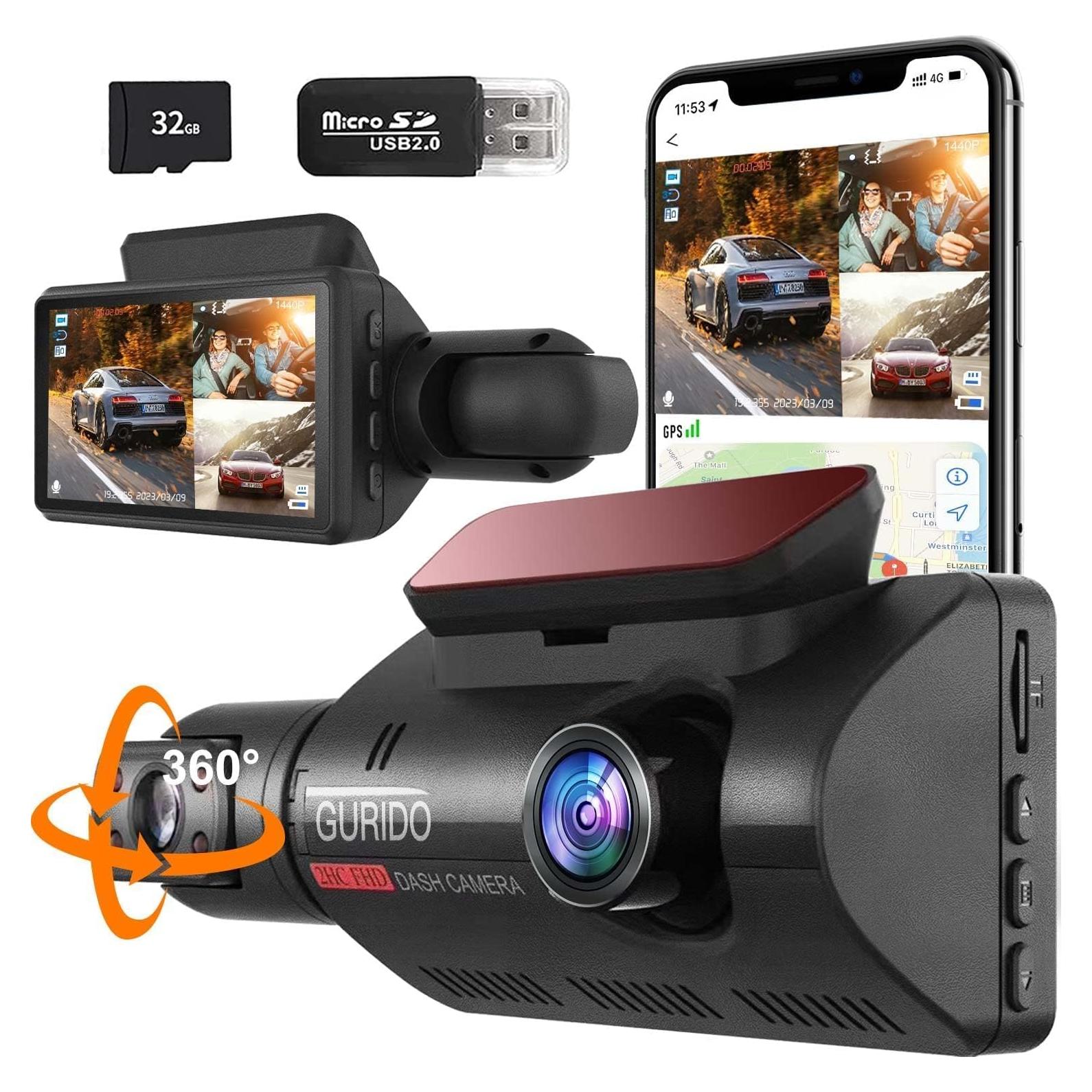 Cámara de tablero 360° LUKYUS 1440P + 1080P con SD 32GB