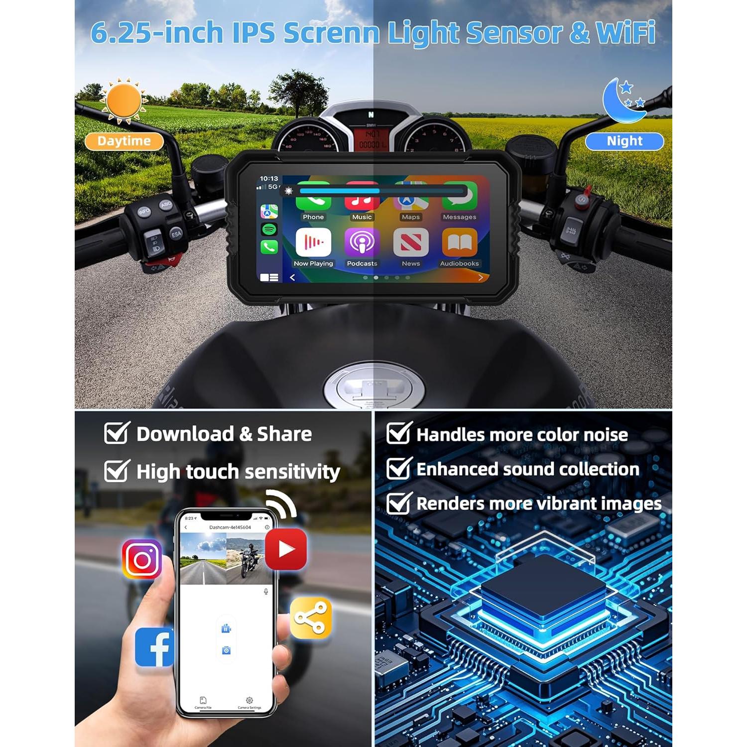 Pantalla CarPlay 4K Jelkuz 6.25" GPS Dual Cámara IP67