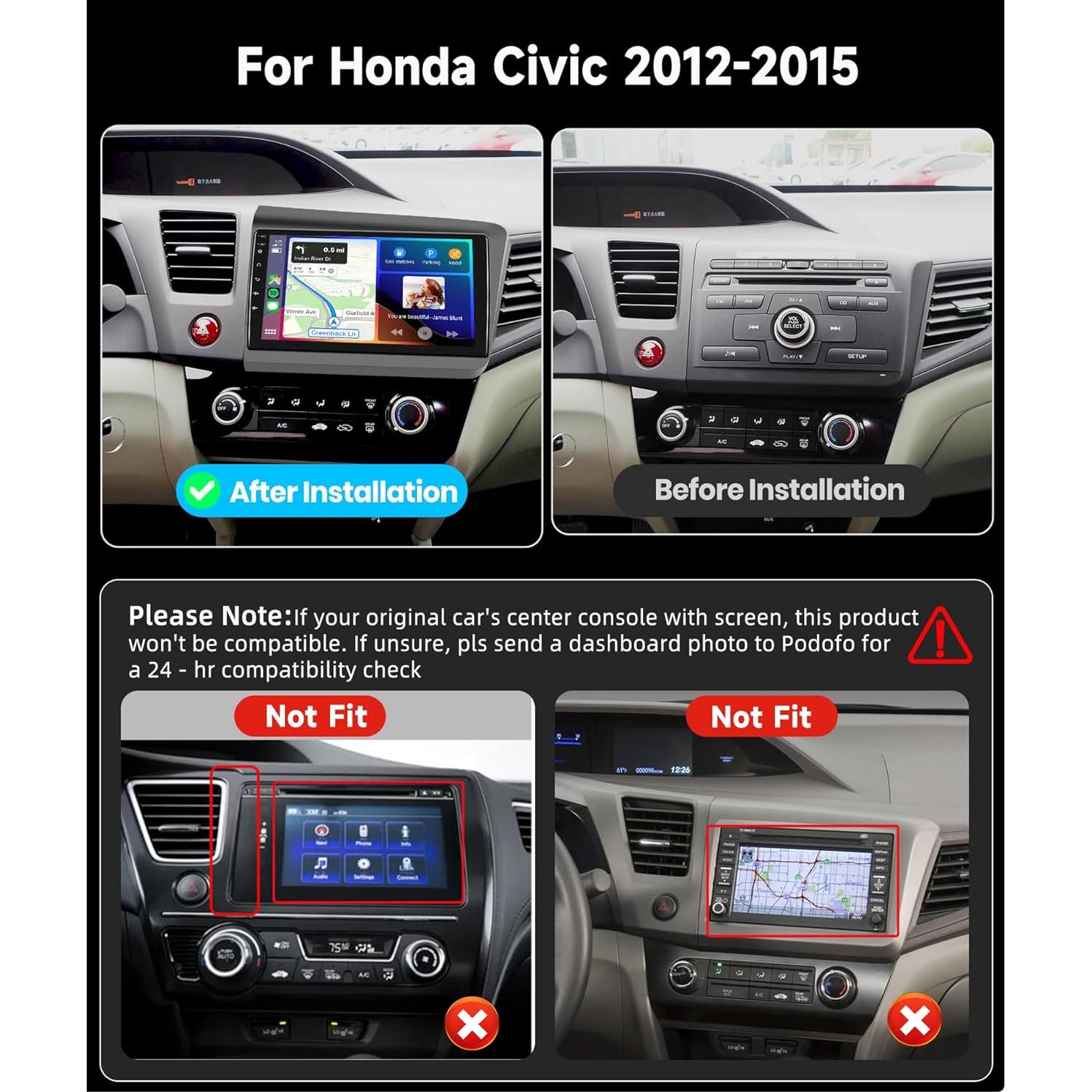 Estéreo de Coche Podofo para Honda Civic 2012-2015 9" HD
