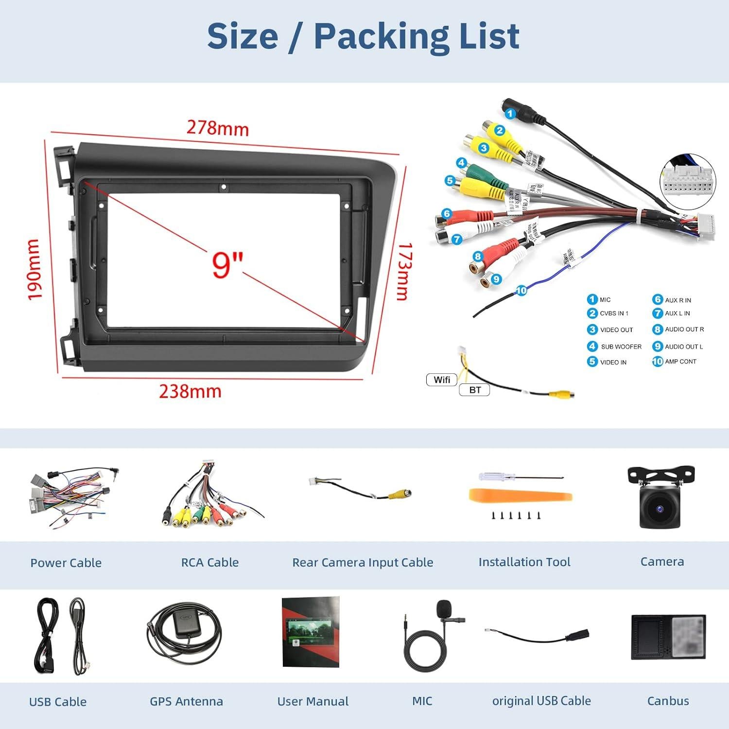 Estéreo de Coche Podofo para Honda Civic 2012-2015 9" HD