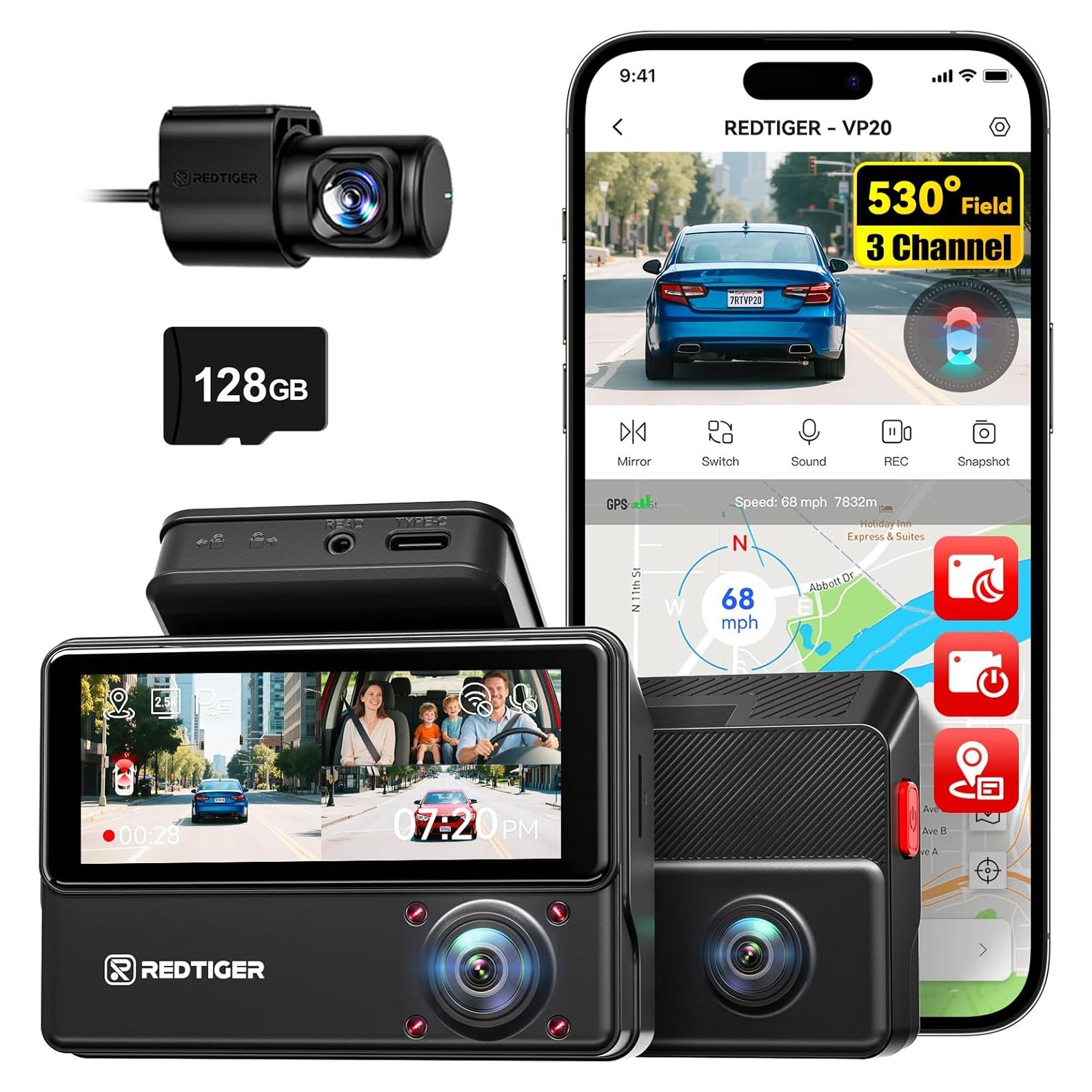 Cámara Dash REDTIGER VisionPano20 3 Canales 2.5K + 1080P